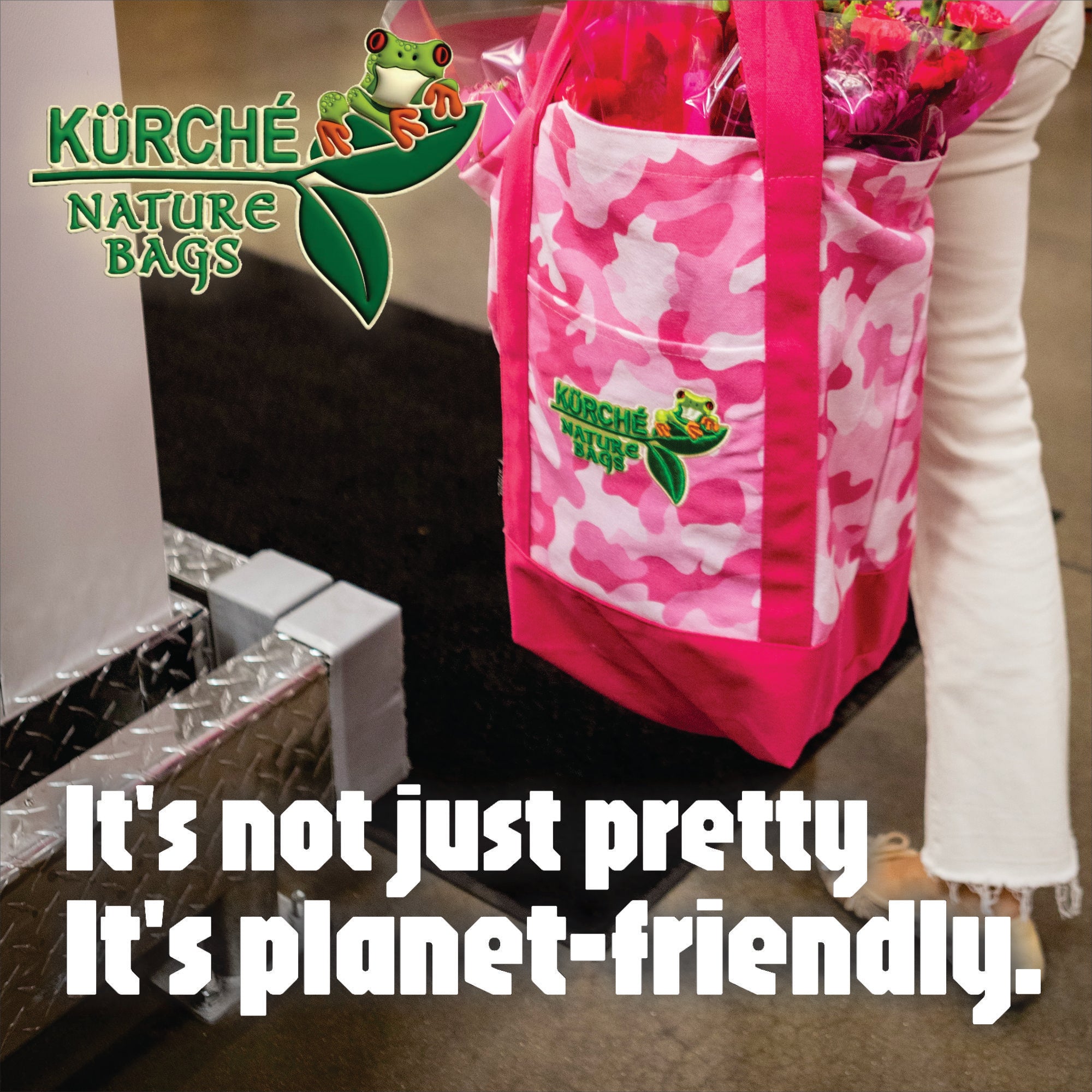 Kurche Nature Bags brand story beach lifestyle image featuring tote bag with “Love the Earth as much as you love your style” message