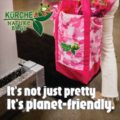 Kurche Nature Bags pink camo tote being carried with text “It’s not just pretty. It’s planet-friendly.