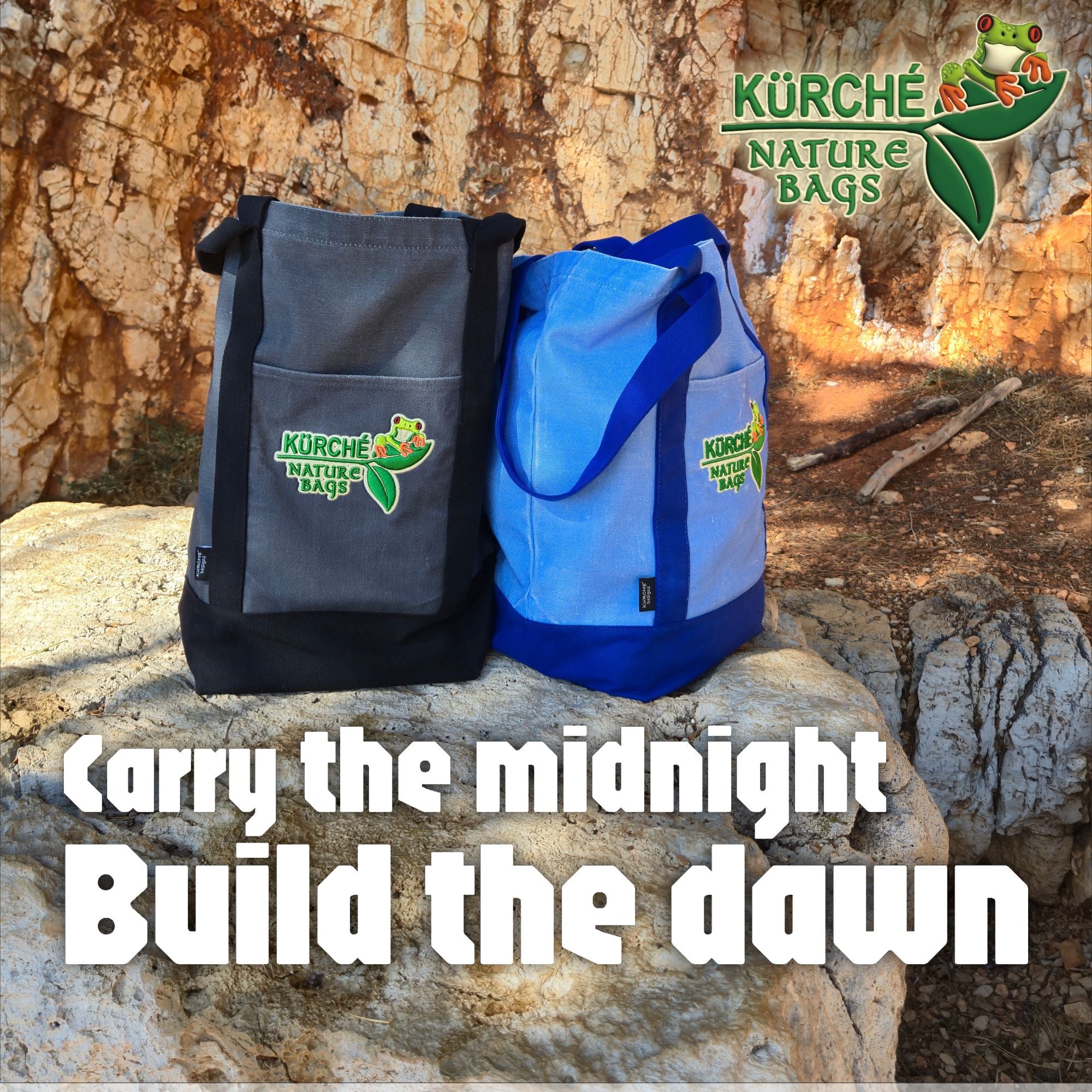 Kurche Nature Bags reusable canvas tote bags in midnight black and nautical blue with “Carry the midnight, Build the dawn” slogan on an outdoor rocky background.