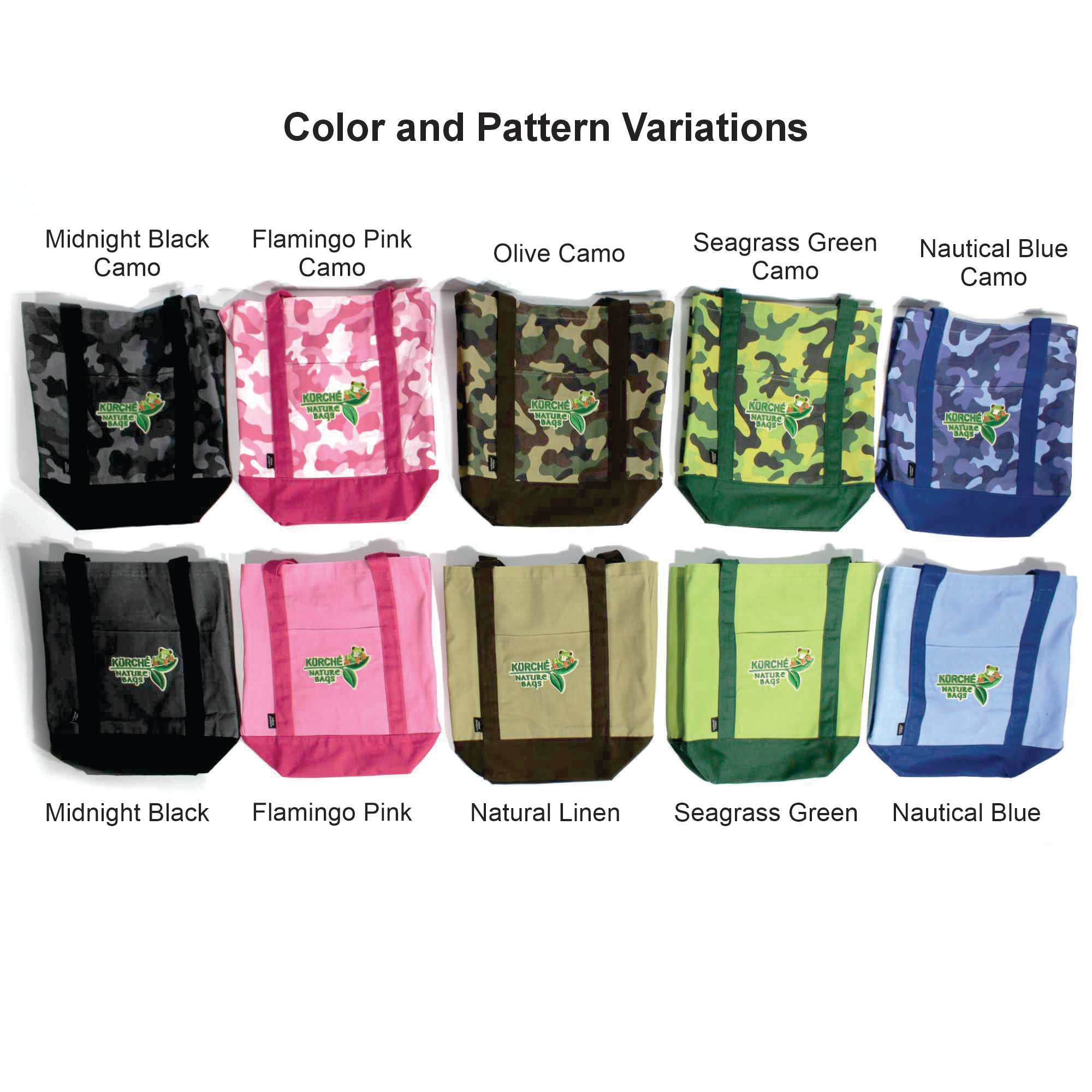 Kurche Nature Bags color and pattern variations chart showing tote bag options including Flamingo Pink Camo