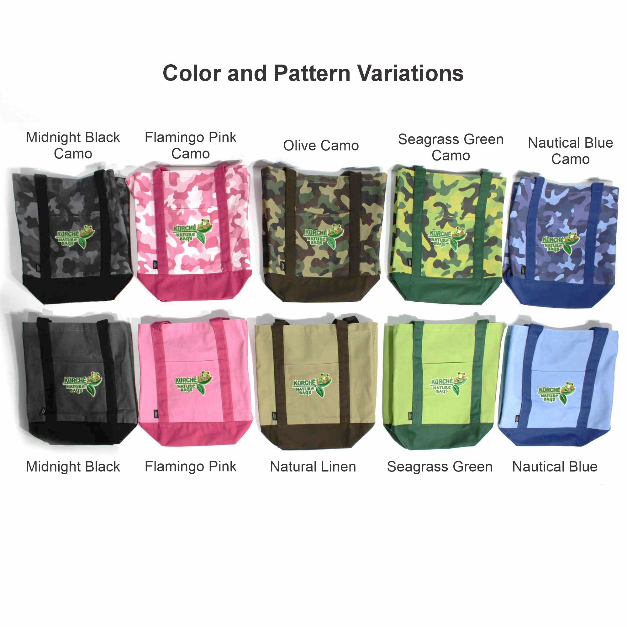 Kurche Nature Bags canvas tote color and pattern variation chart showing camo and solid options including midnight black, flamingo pink, olive, seagrass green, nautical blue, and natural linen.