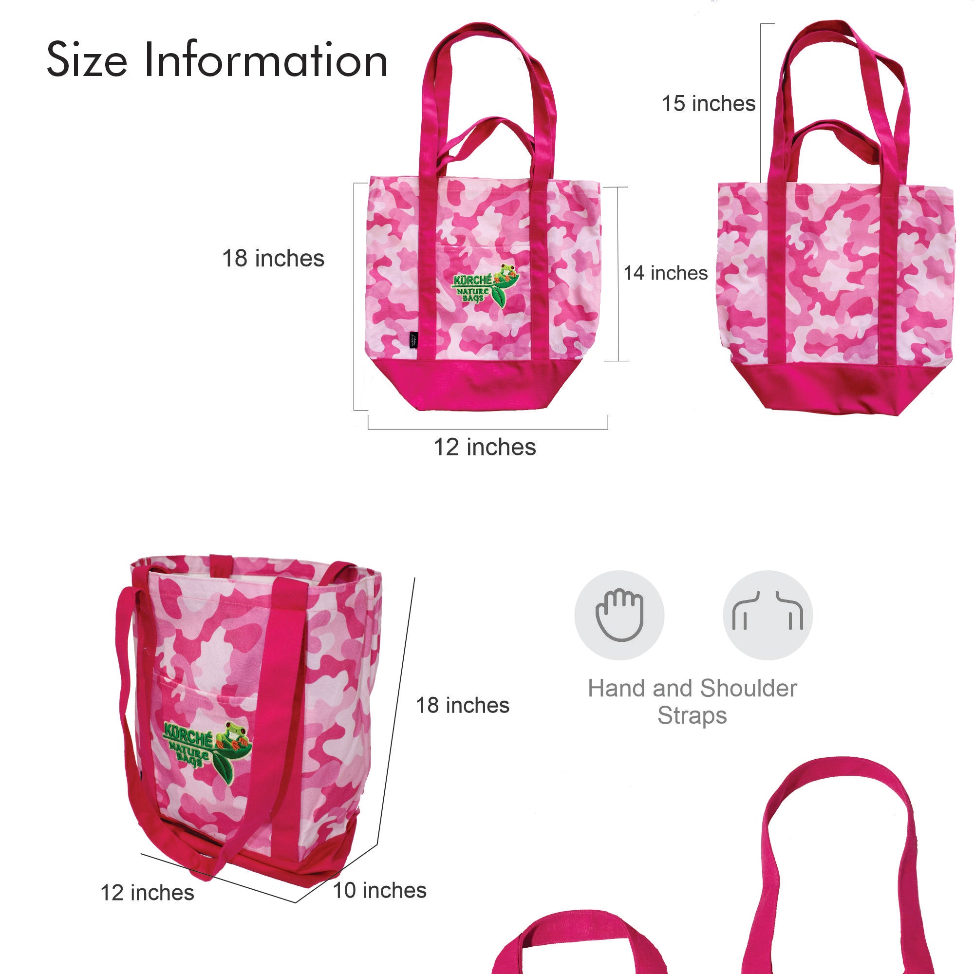 Kurche Nature Bags Flamingo Pink Camo tote bag size information graphic showing dimensions and strap length