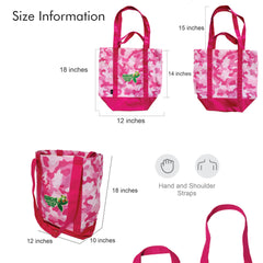 Kurche Nature Bags Flamingo Pink Camo tote bag size information graphic showing dimensions and strap length