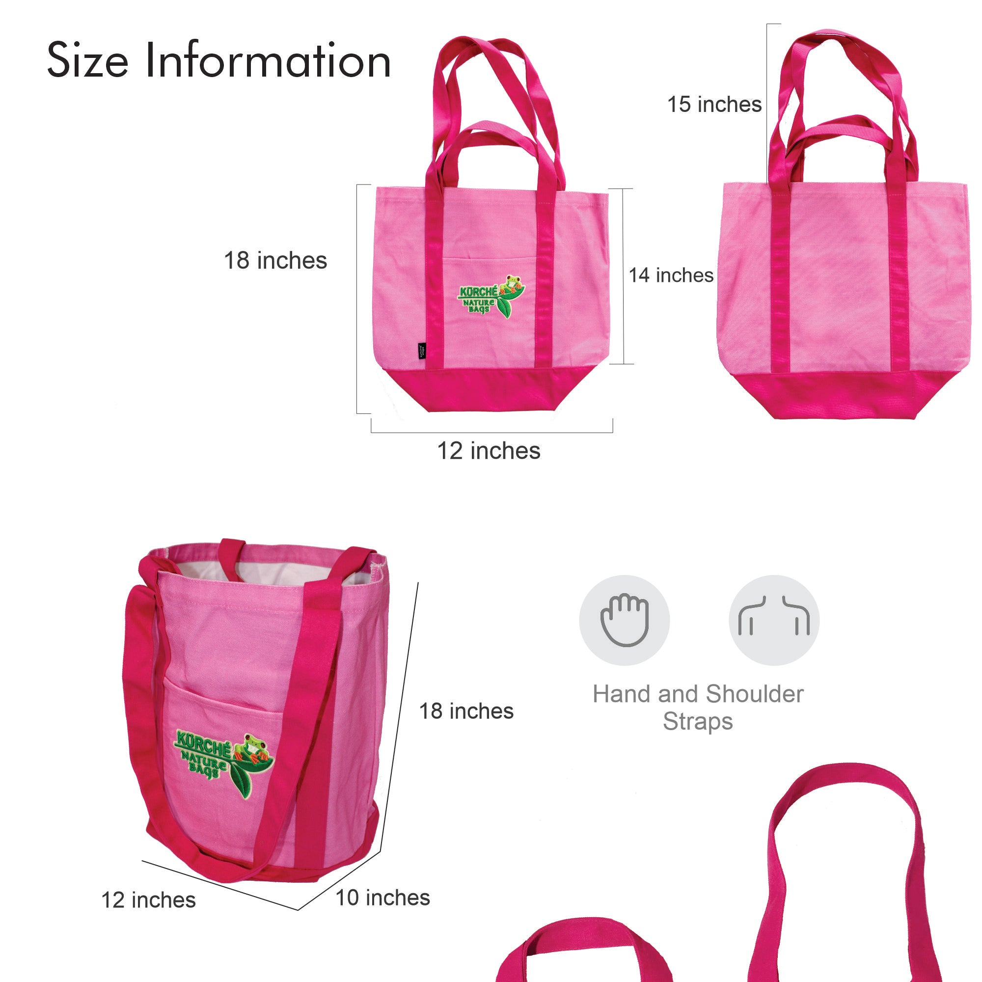 Flamingo Pink canvas tote bag size information and dimensions with hand and shoulder strap handles