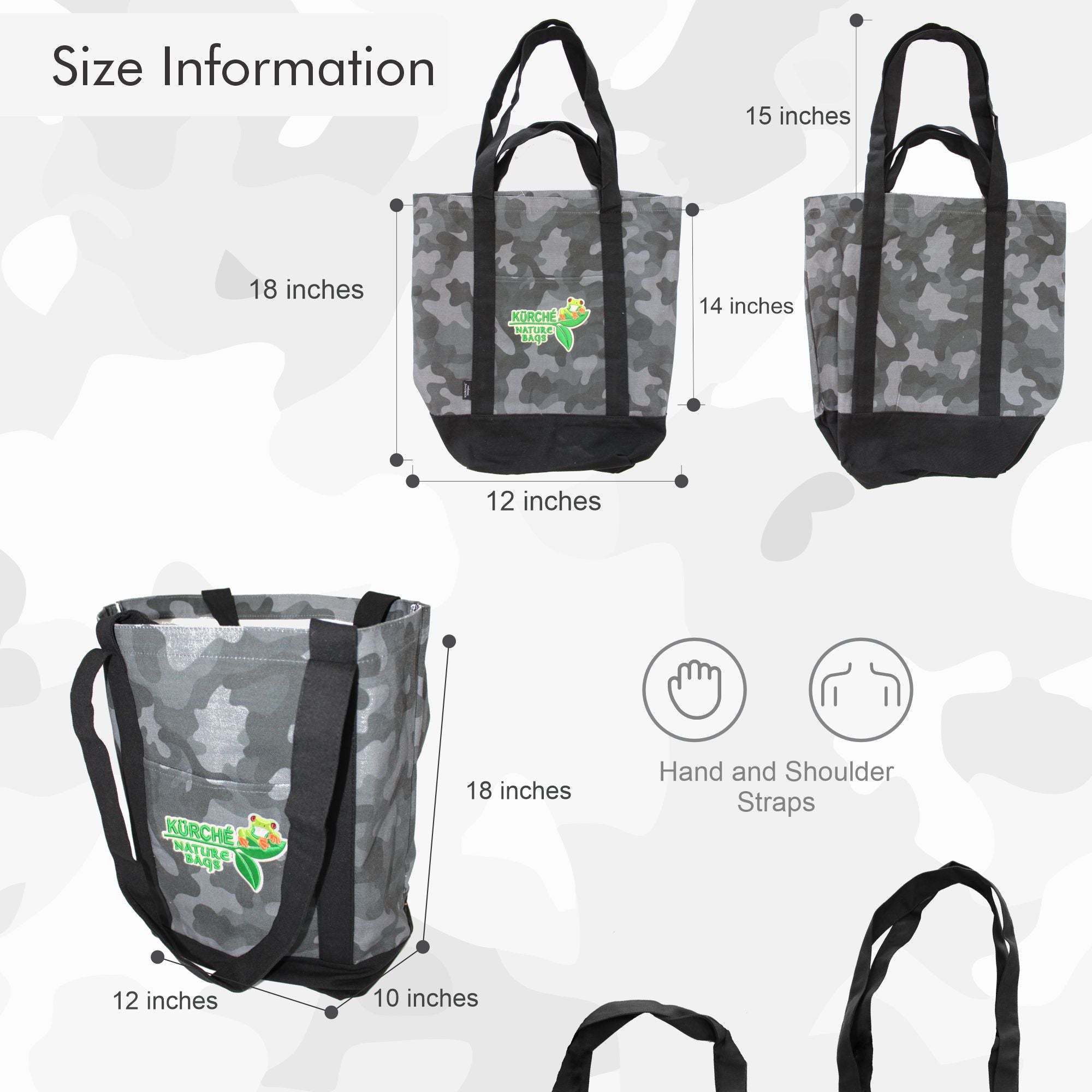Size information graphic showing Kurche Nature Bags Midnight Black Camo canvas tote dimensions with measurements for height, width, depth, and shoulder strap length.