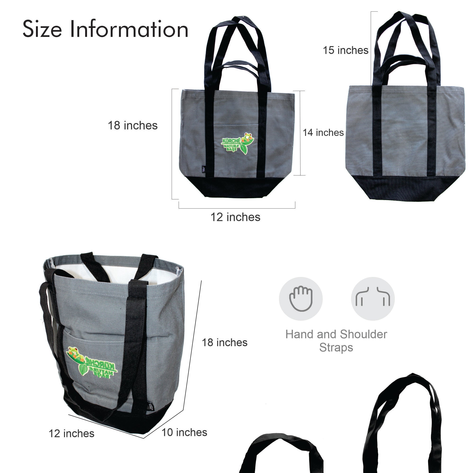 Kürché Nature Bags Midnight Black tote size information showing dimensions and strap length for hand and shoulder carry