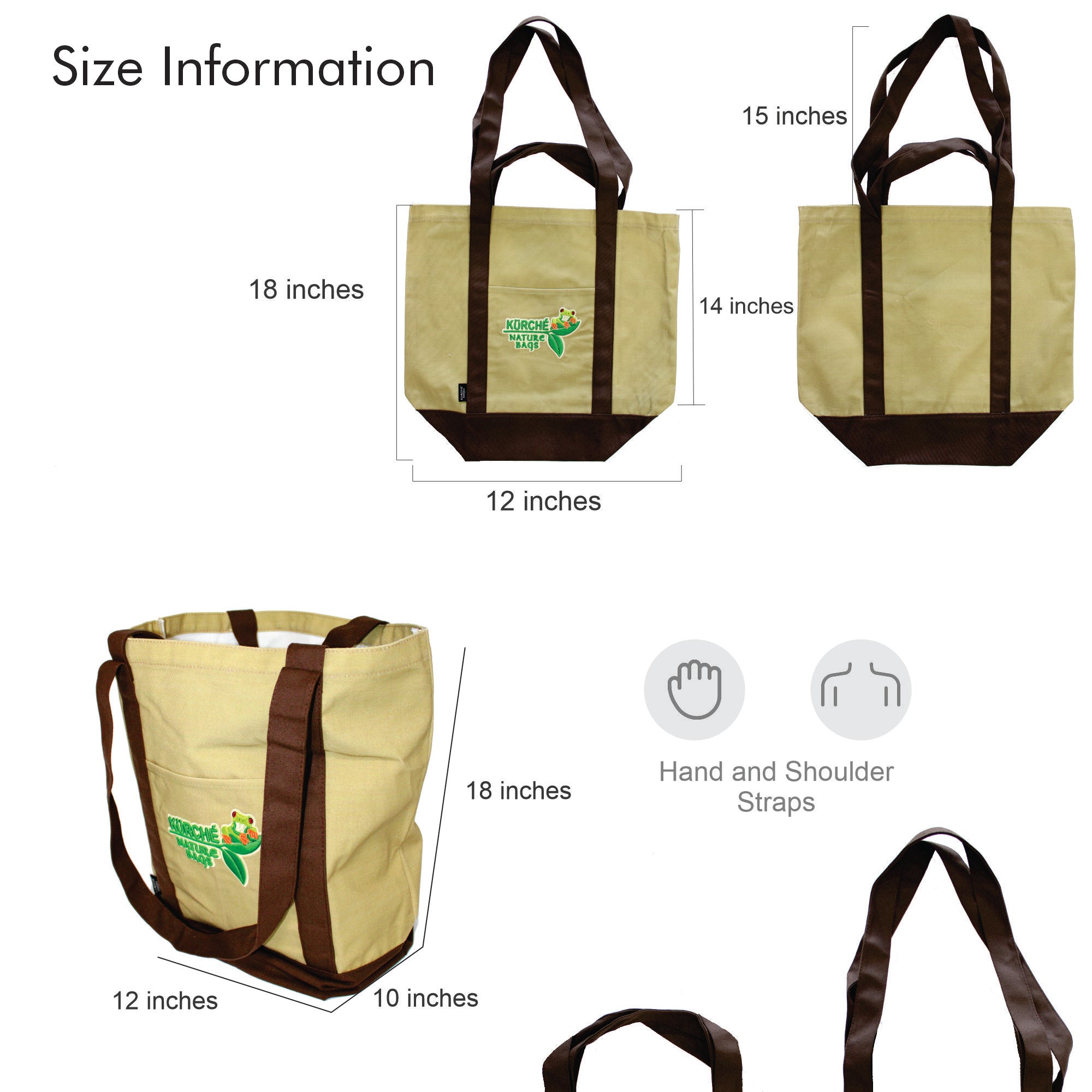 Natural Linen Kurche Nature Bags canvas tote size diagram showing dimensions and hand/shoulder strap options