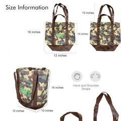 Olive Camo tote bag size diagram showing 18-inch height, 12-inch width, 10-inch depth, and strap length