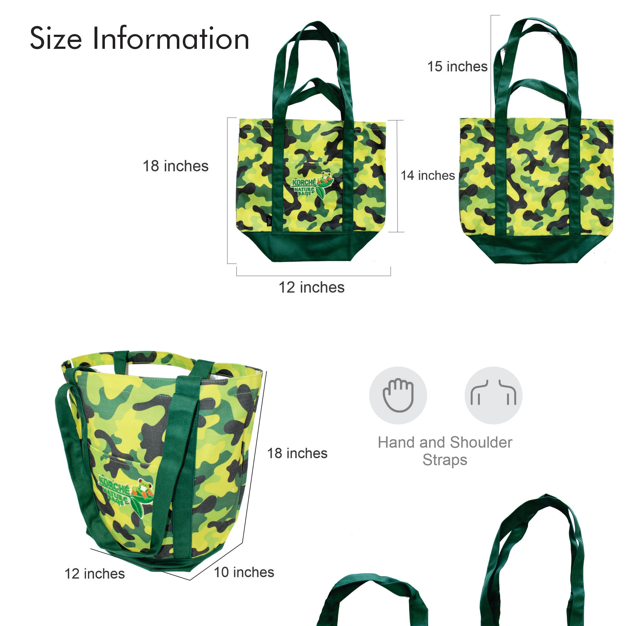 Size information graphic for Kurche Nature Bags seagrass green camo tote showing 12 x 10 x 18 inch dimensions and hand/shoulder strap length.