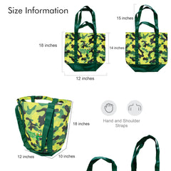 Size information graphic for Kurche Nature Bags seagrass green camo tote showing 12 x 10 x 18 inch dimensions and hand/shoulder strap length.