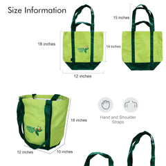 Seagrass Green KÜRCHE canvas tote size information graphic with measurements and strap length for hand/shoulder carry