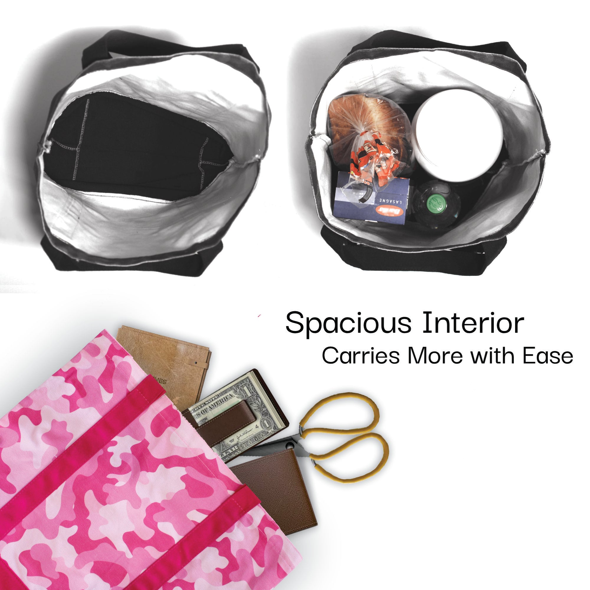 Kurche Nature Bags Flamingo Pink Camo tote bag spacious interior capacity graphic showing top view and items fit inside