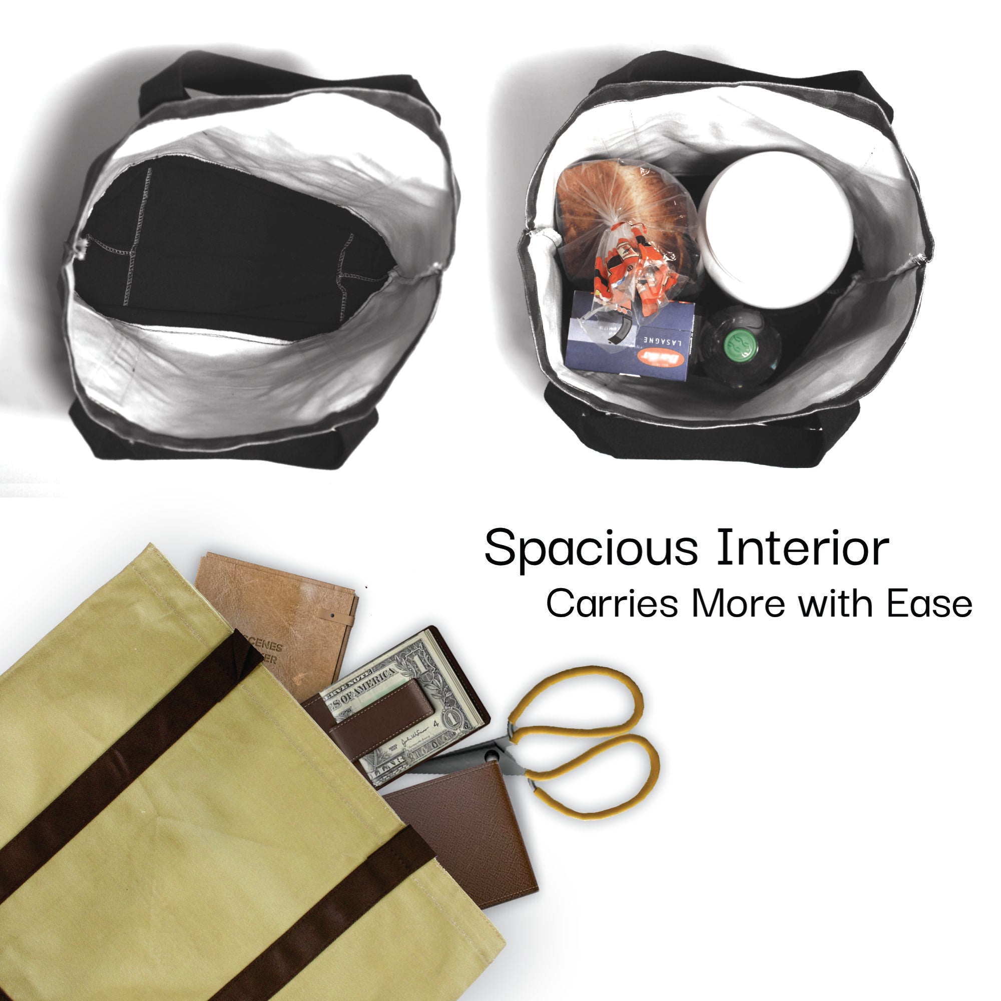 Natural Linen Kurche Nature Bags tote interior capacity photo showing a spacious compartment with everyday items