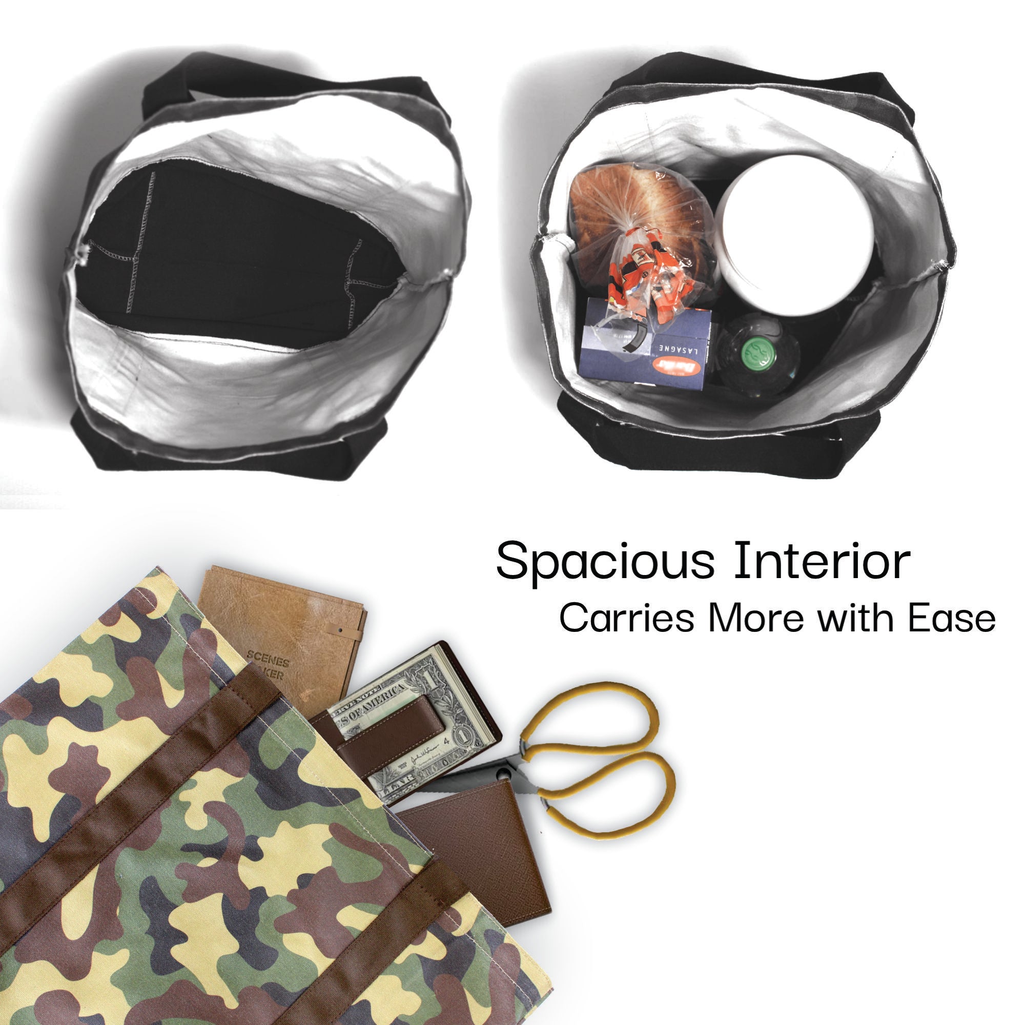 Olive Camo tote bag capacity image showing spacious interior for everyday essentials