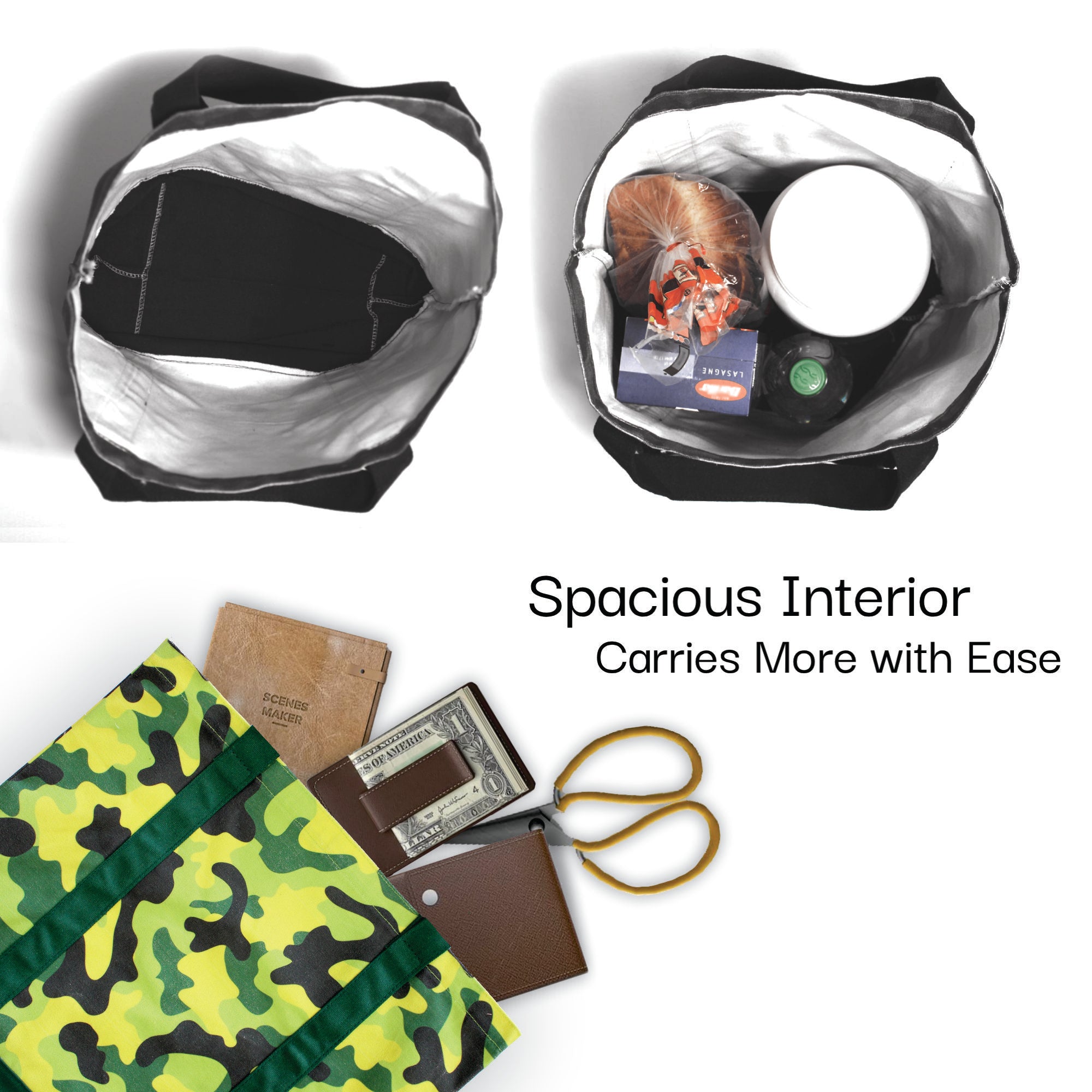 Spacious interior graphic for Kurche Nature Bags seagrass green camo tote showing top-view capacity and everyday items to illustrate how much it carries.