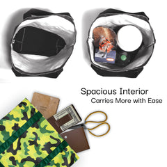 Spacious interior graphic for Kurche Nature Bags seagrass green camo tote showing top-view capacity and everyday items to illustrate how much it carries.