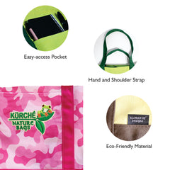 Kurche Nature Bags Flamingo Pink Camo canvas tote bag features graphic with reusable, reinforced stitching, strong and reliable, easy to carry