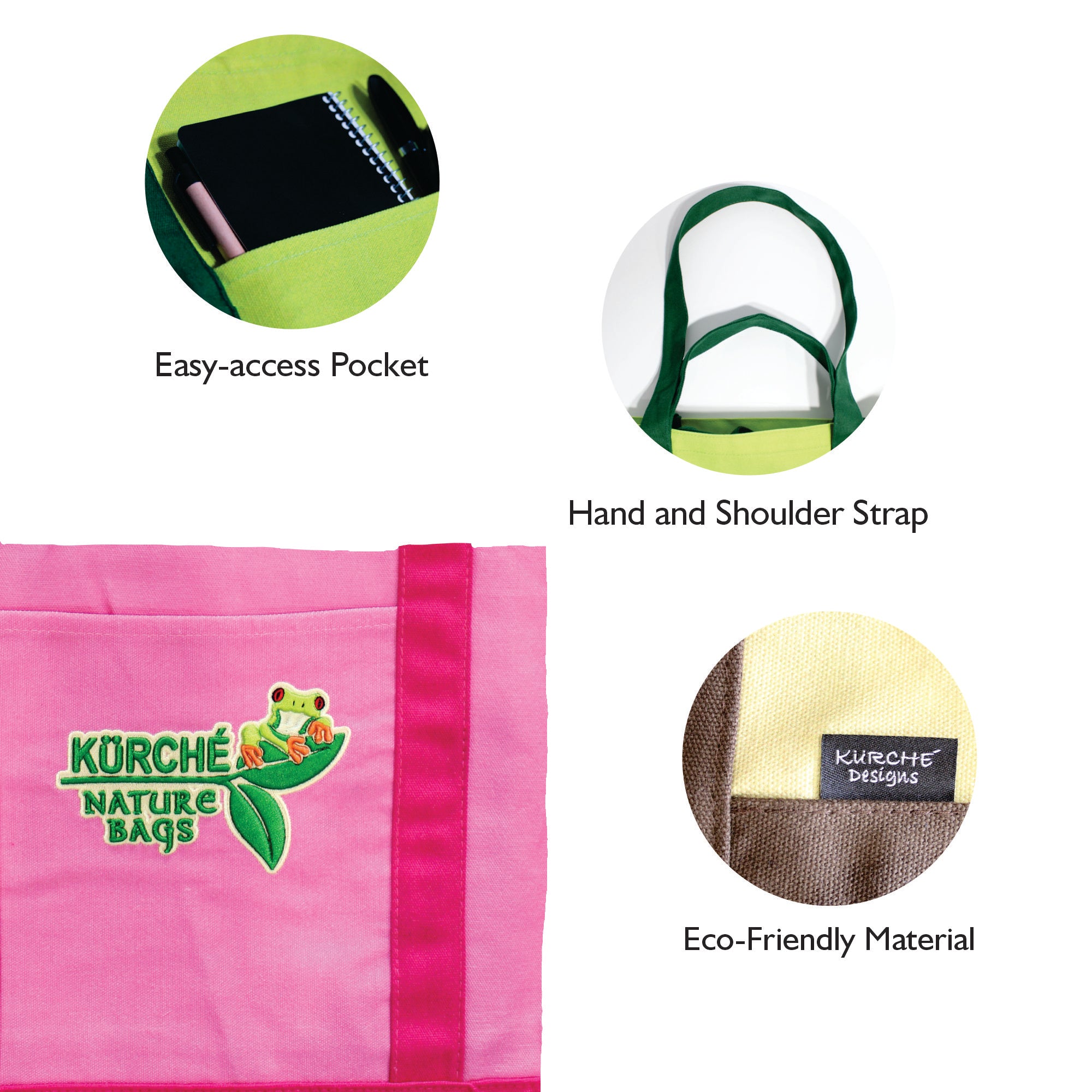 Kurche Nature Bags reusable canvas tote in Flamingo Pink highlighting easy-access pocket, hand/shoulder straps, and eco-friendly material