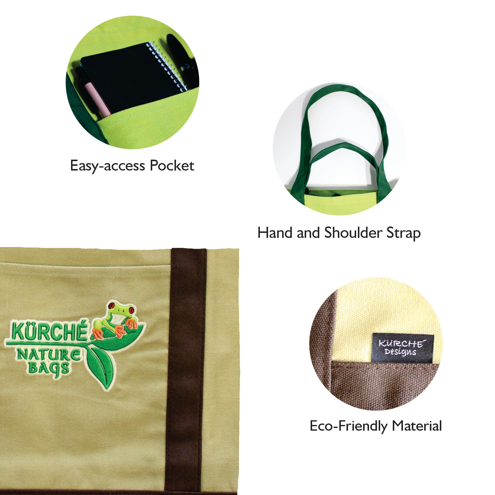 Natural Linen Kurche Nature Bags tote features showing easy-access pocket, hand and shoulder straps, and eco-friendly canvas material