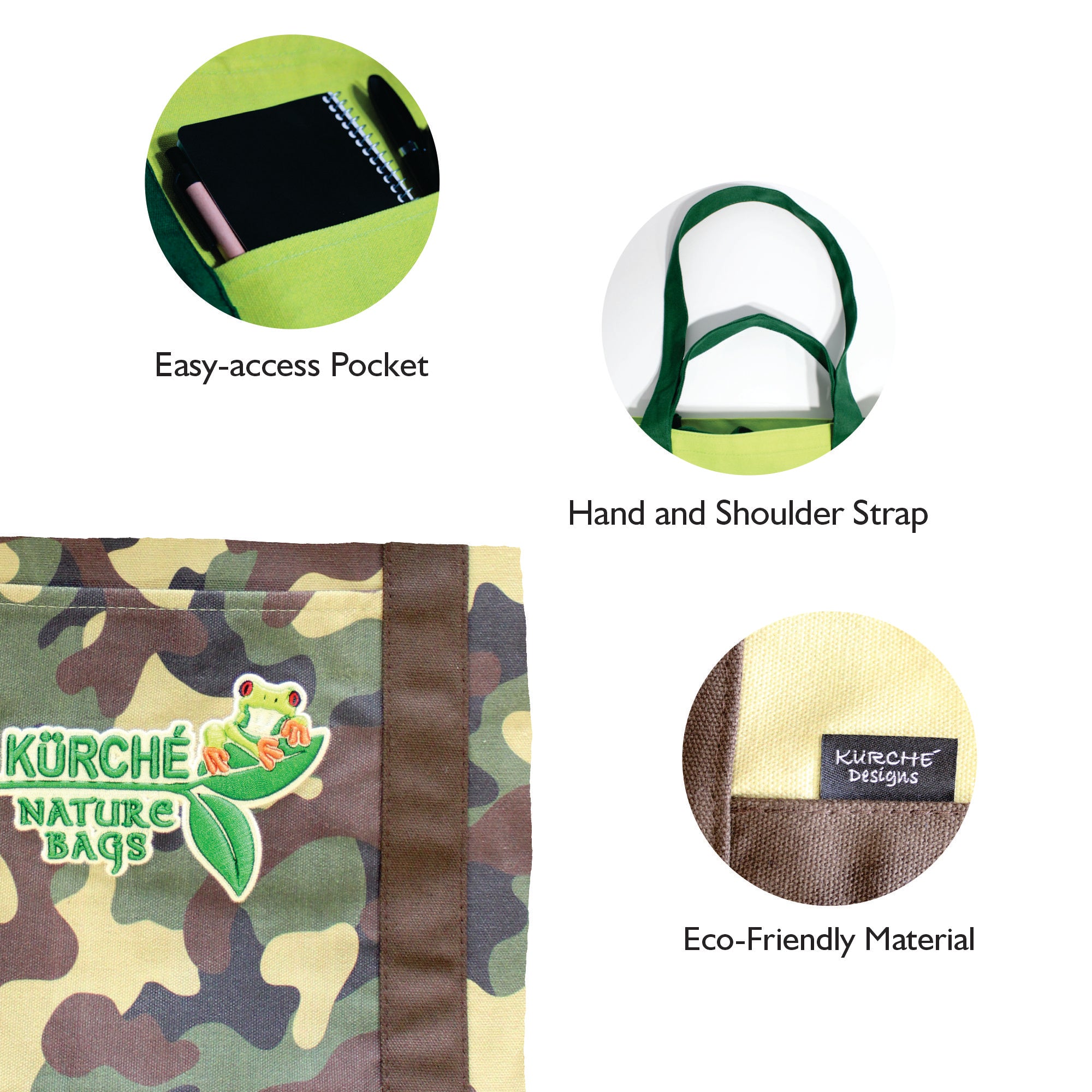 Olive Camo tote bag features: easy-access pocket, hand and shoulder straps, eco-friendly canvas material