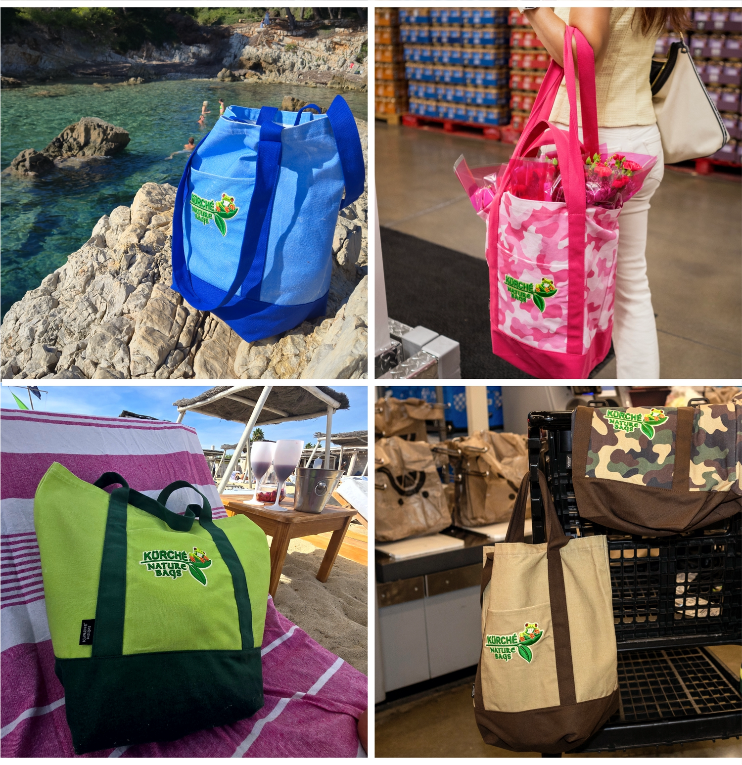 Collage of Kurche canvas bags in four settings: blue bag by the ocean, pink camo bag with flowers in a store, green tote at beach lounge, and tan camo bag at a retail checkout counter.