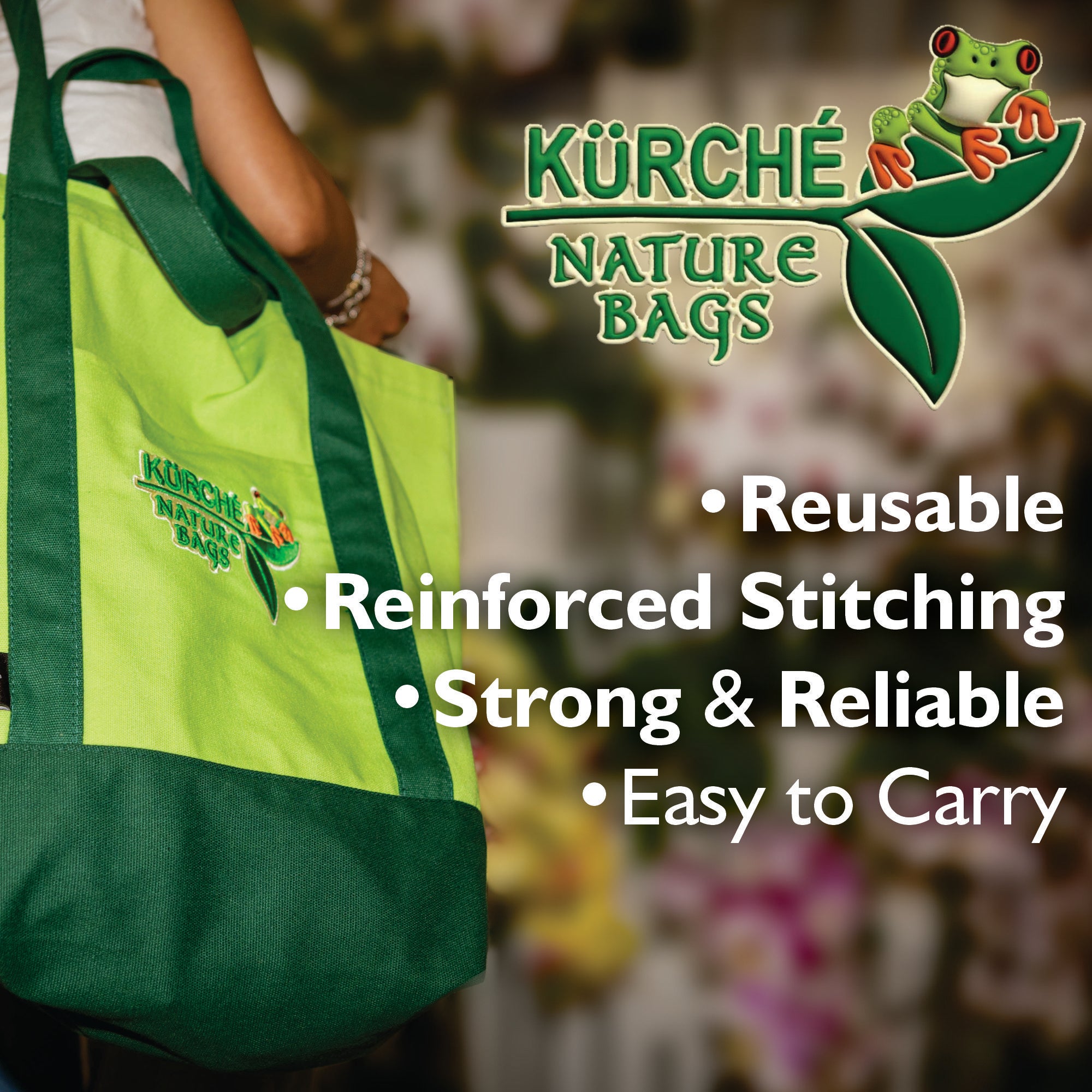 Seagrass Green KÜRCHE canvas tote bag with dark green straps, reusable multi-use grocery and everyday carry tote