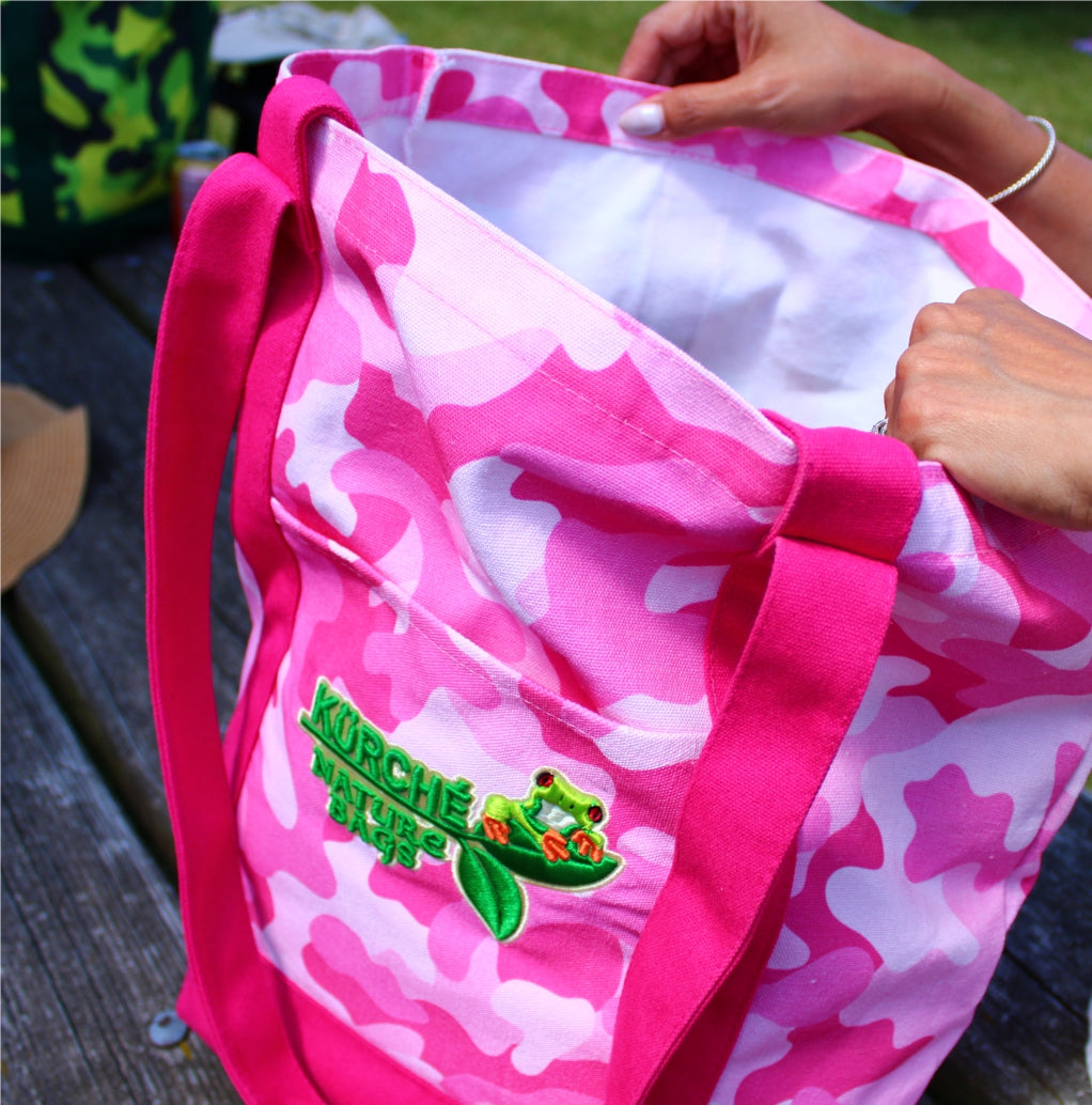 Close-up of Flamingo Pink camouflage Kürché Nature Bags reusable canvas tote showing interior and reinforced handles