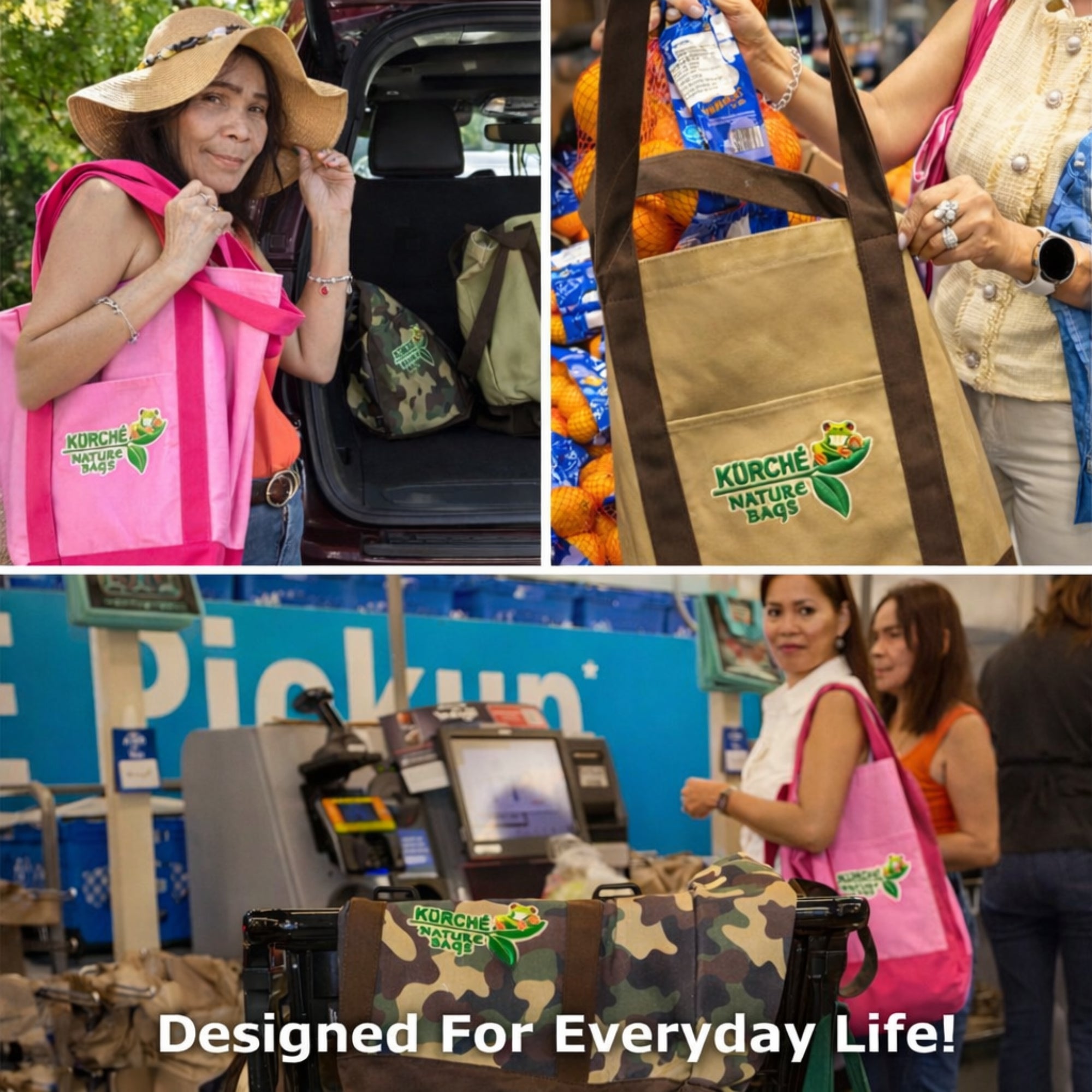 Collage of Kürché Nature Bags reusable canvas totes used for grocery shopping, checkout, and everyday errands