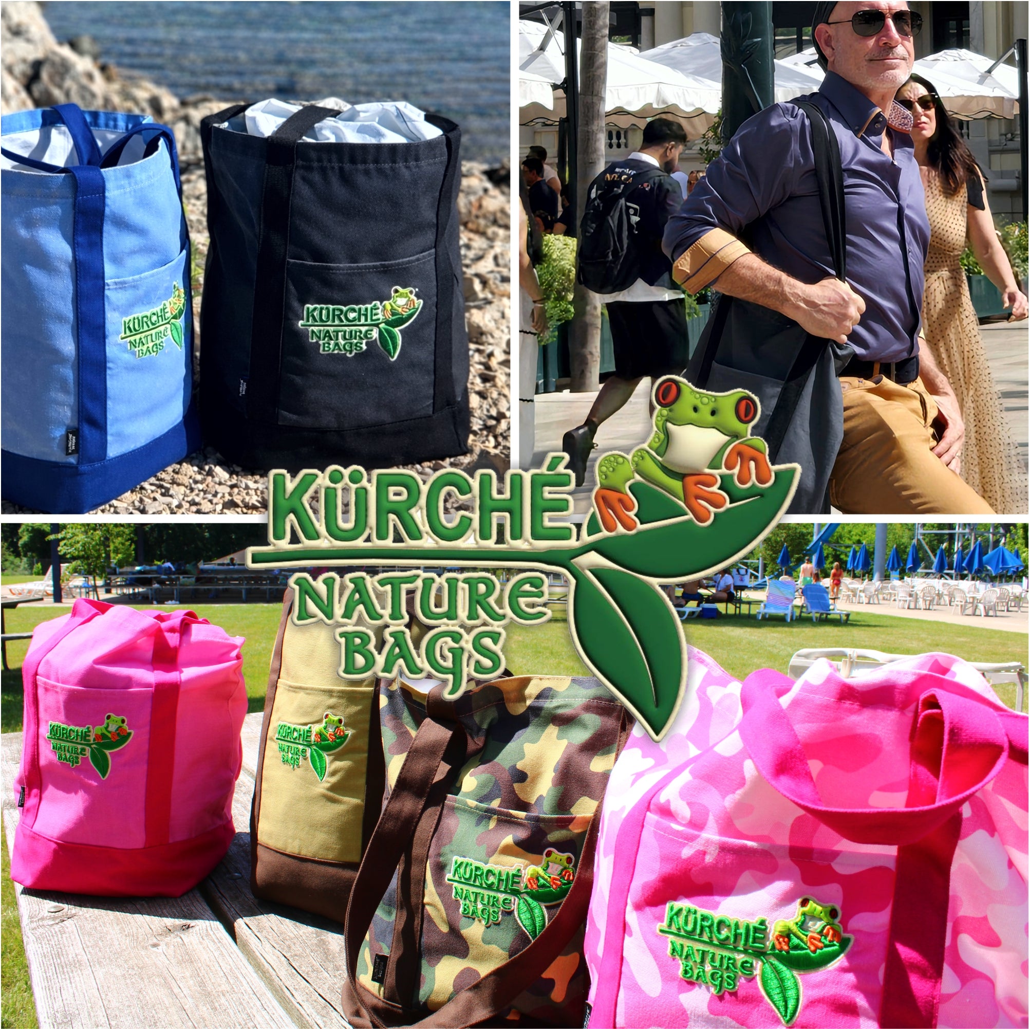 Kurche Nature Bags lifestyle collage showing reusable canvas tote bags in multiple colors, including black, blue, pink, and camouflage, with the Kurche frog logo displayed prominently.