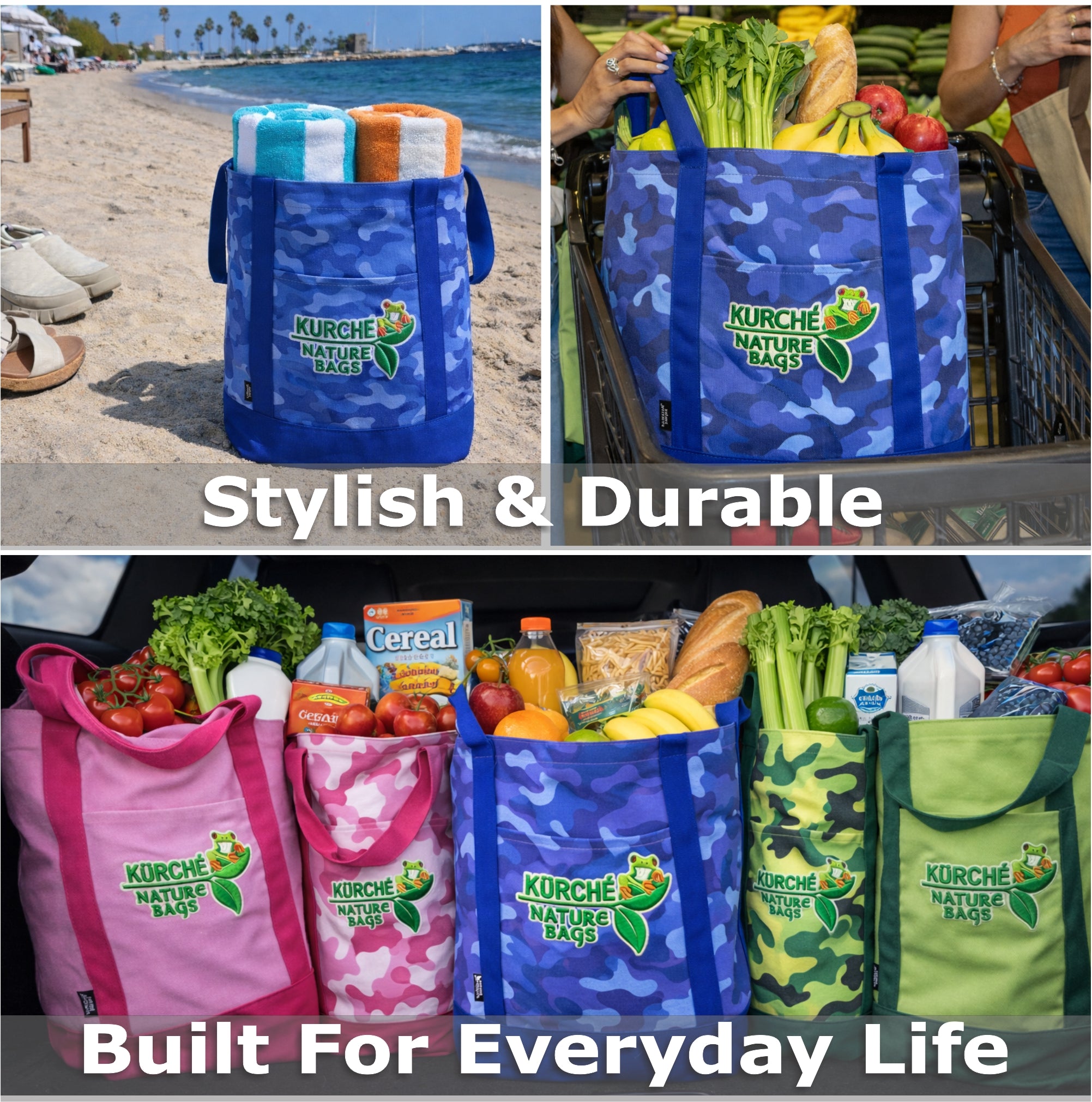 Promotional image of the Kürché Nature Bags Nautical Blue Camo reusable tote with logo and text reading “Eco Living Starts with the Bag You Carry.”