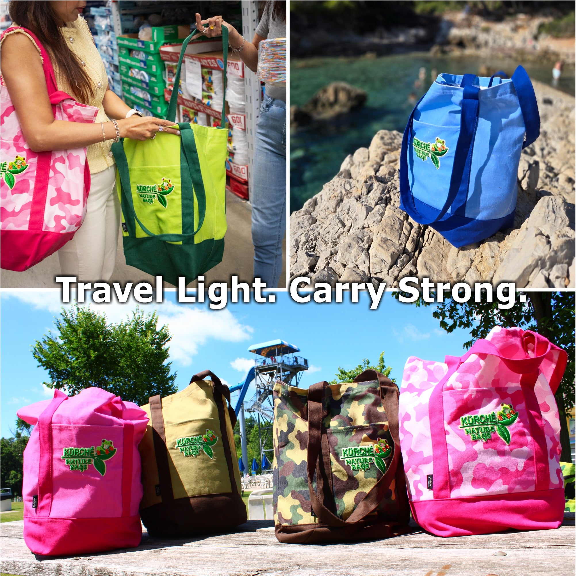 Collage of Kürché Nature Bags reusable canvas totes in multiple colors used for shopping, travel, and outdoor activities