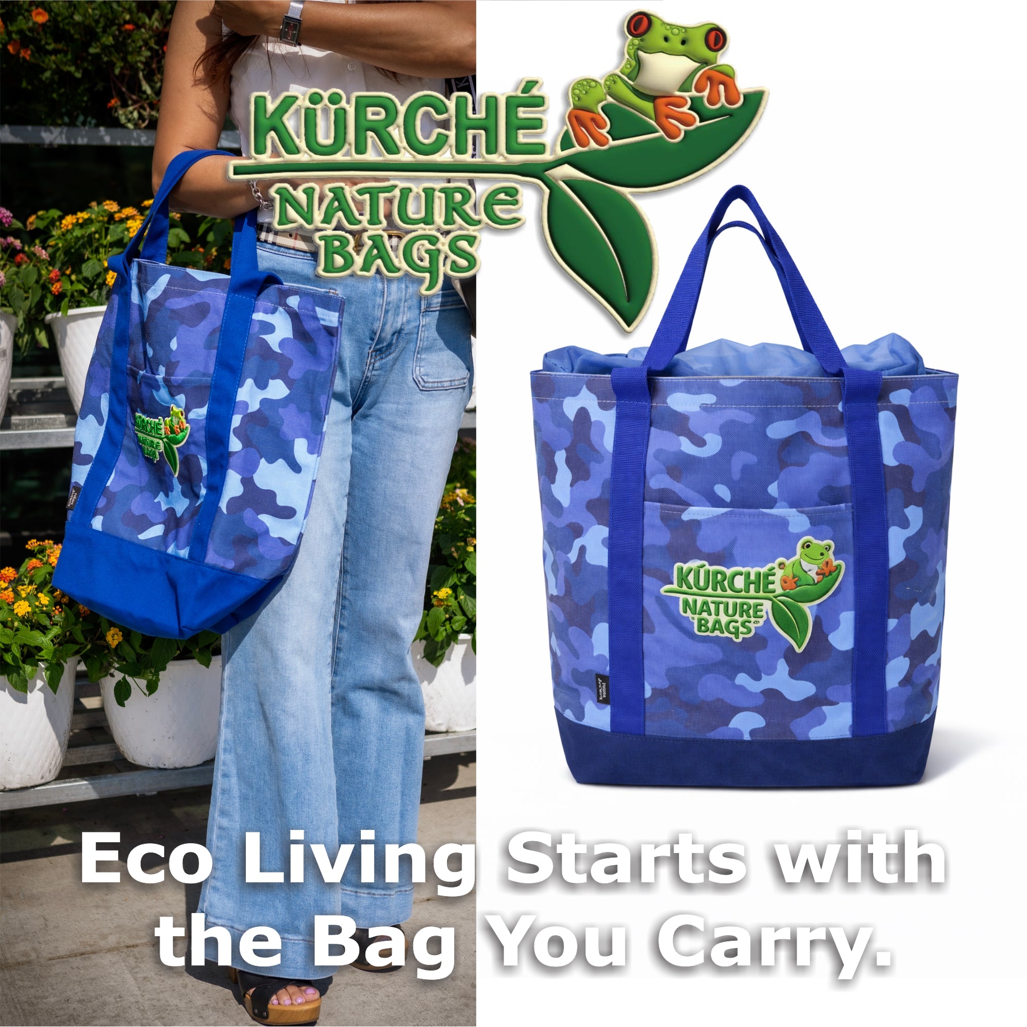 Collage of Kürché Nature Bags reusable canvas tote bags at the beach and grocery store with text “Stylish & Durable” and “Built For Everyday Life.”