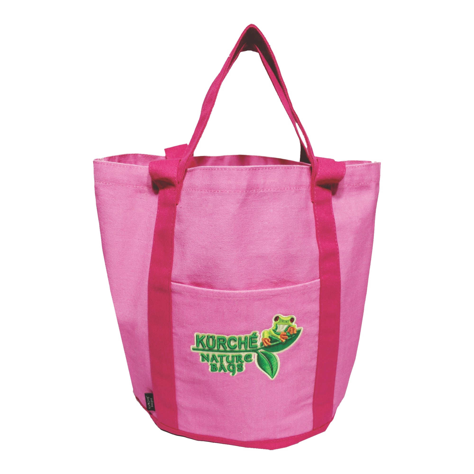 Flamingo pink reusable canvas tote bag with reinforced handles and embroidered Kürché Nature Bags logo on front