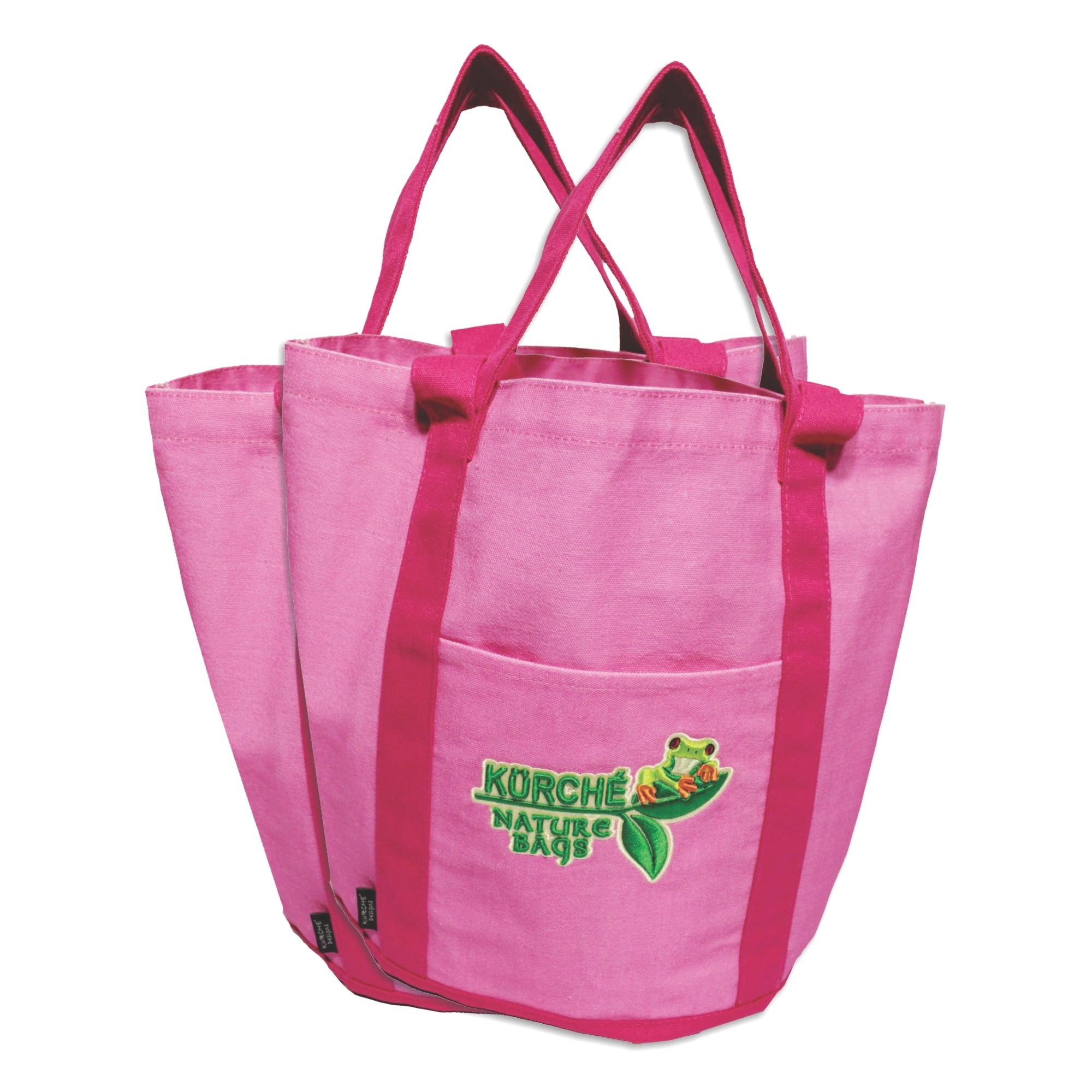 Flamingo pink reusable canvas tote bag with reinforced handles and embroidered Kürché Nature Bags logo on front