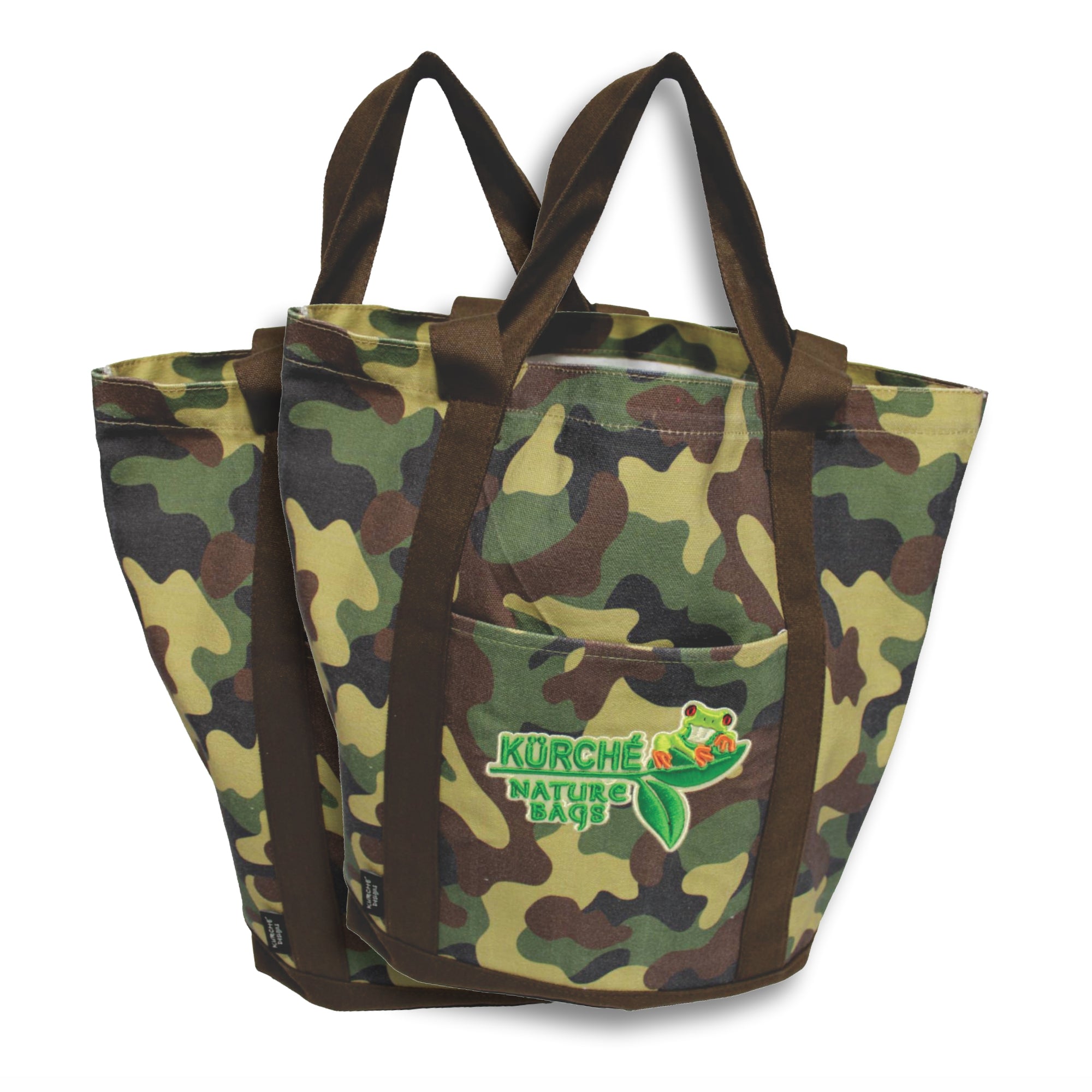 Kurche Nature Bags reusable canvas tote bag in olive camouflage with reinforced handles and embroidered logo