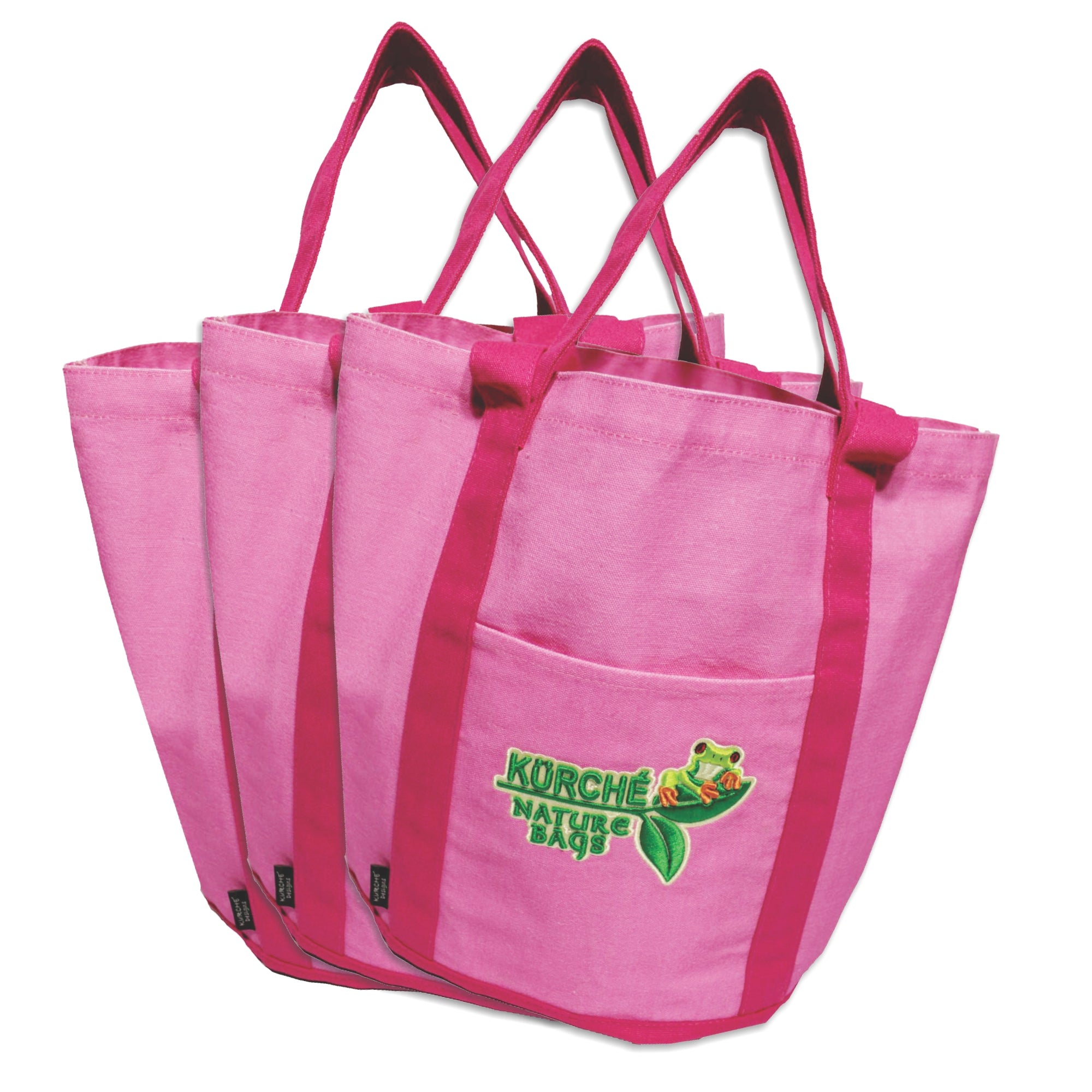 Flamingo pink reusable canvas tote bag with reinforced handles and embroidered Kürché Nature Bags logo on front