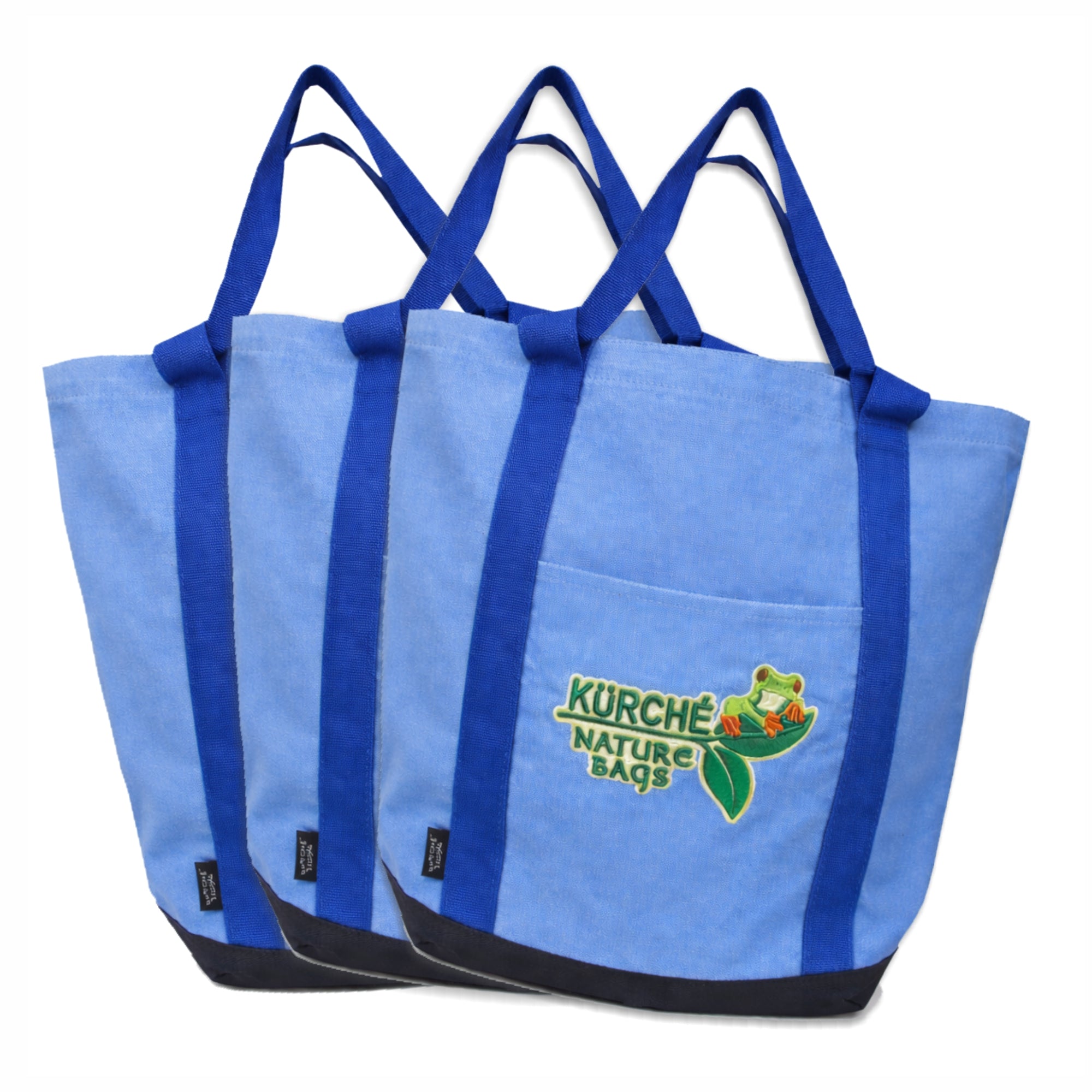 Three nautical blue reusable canvas tote bags with reinforced handles and embroidered Kurche Nature Bags logo