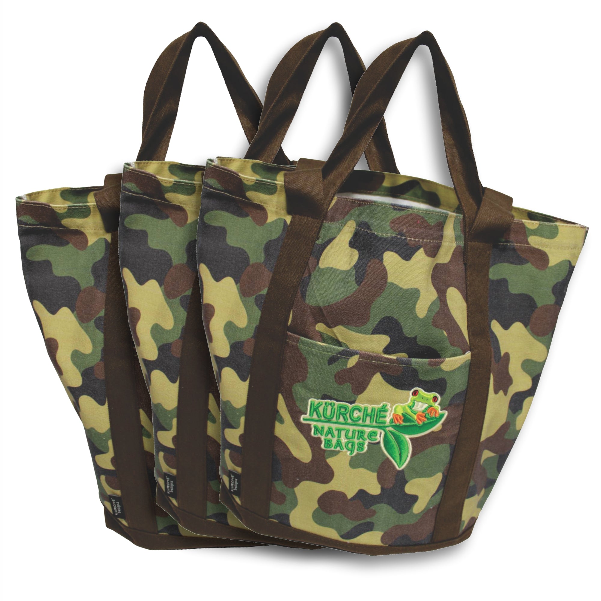 Kurche Nature Bags reusable canvas tote bag in olive camouflage with reinforced handles and embroidered logo