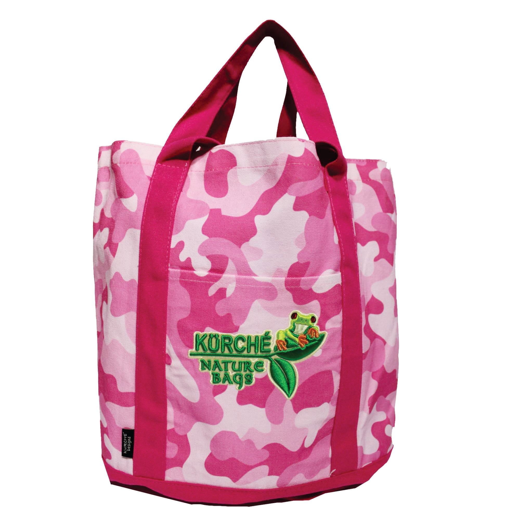 Kurche Nature Bags Flamingo Pink Camo reusable canvas tote bag on white background with front pocket and dual handles