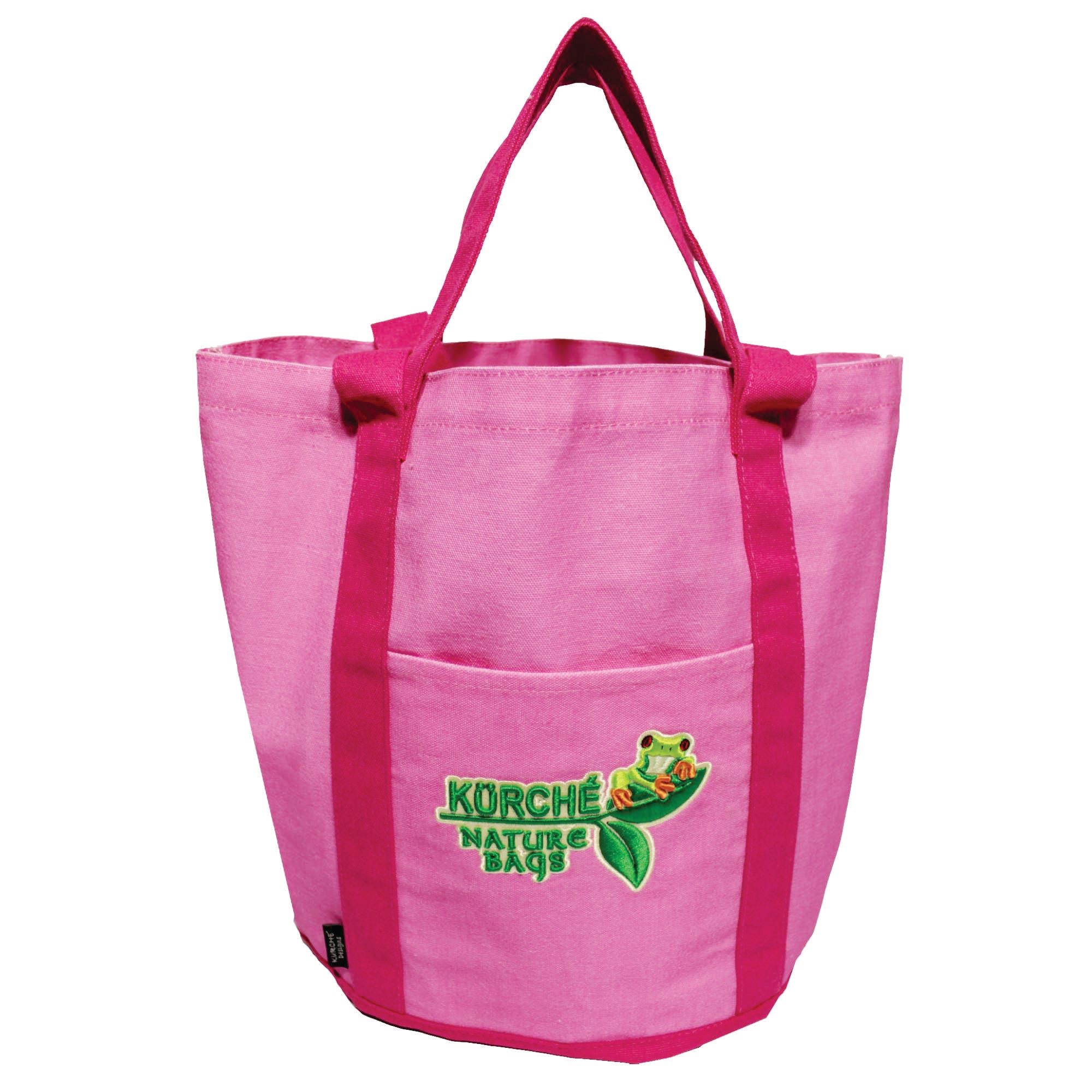 Flamingo Pink reusable canvas tote bag with embroidered Kurche Nature Bags logo and front pocket (product front view)