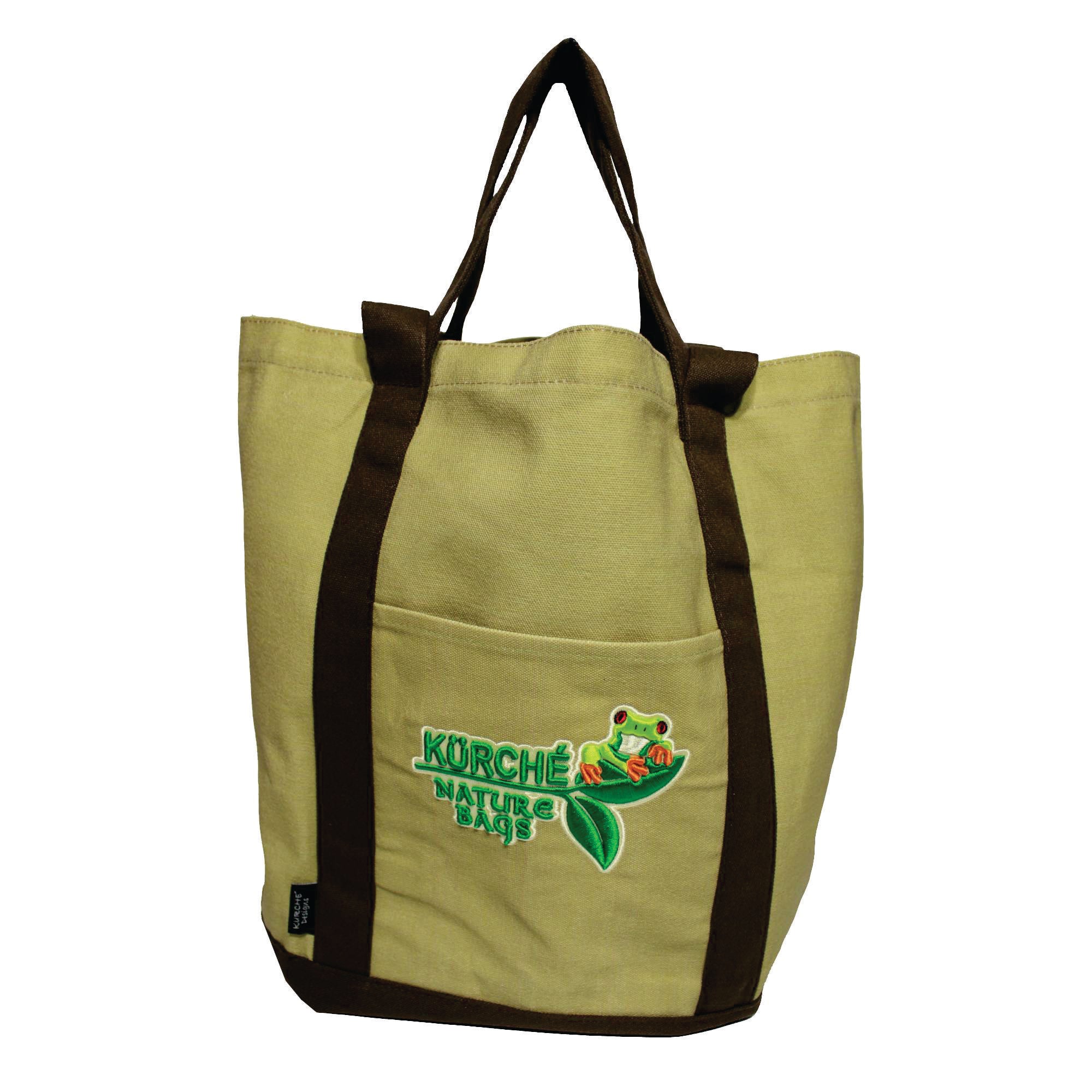 Kurche Nature Bags Natural Linen reusable canvas tote bag on white background with embroidered logo and exterior pocket