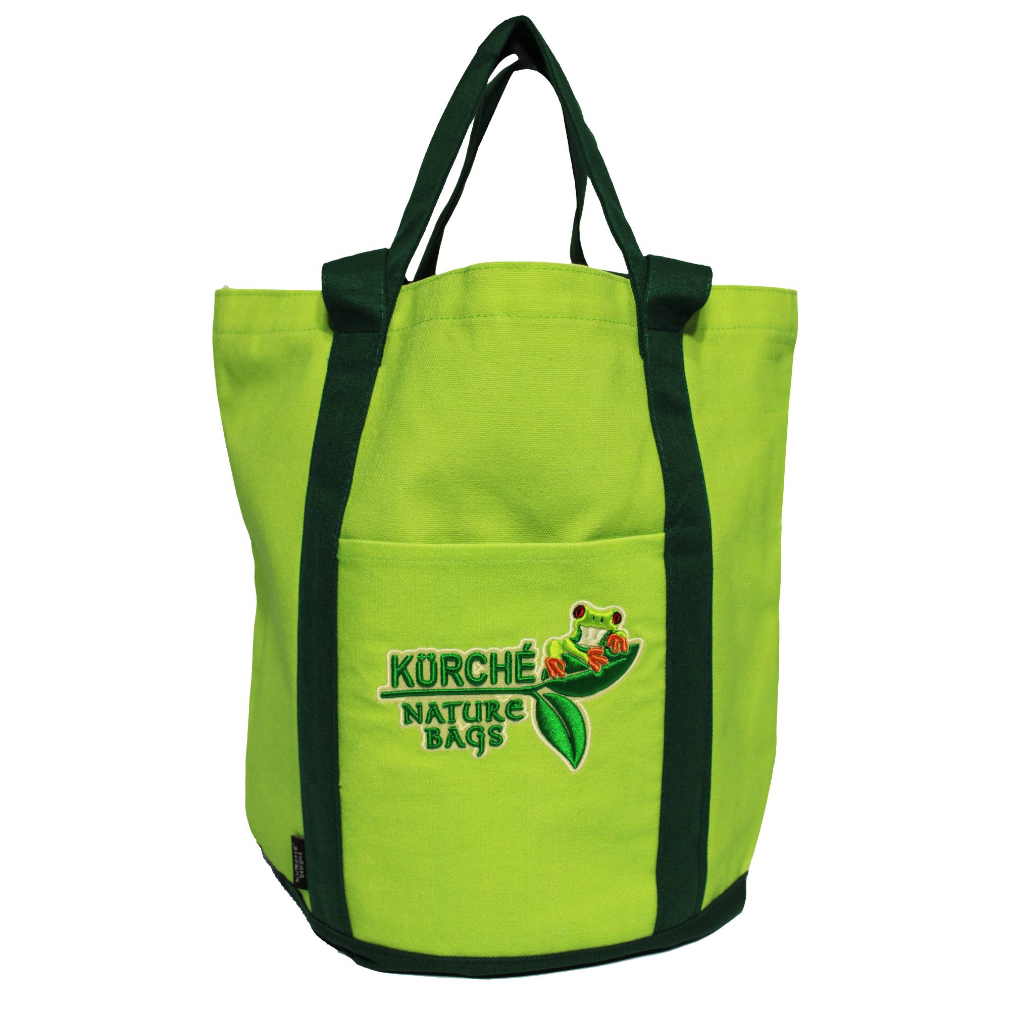 KÜRCHE Nature Bags Seagrass Green reusable canvas tote bag front view with pocket and reinforced straps