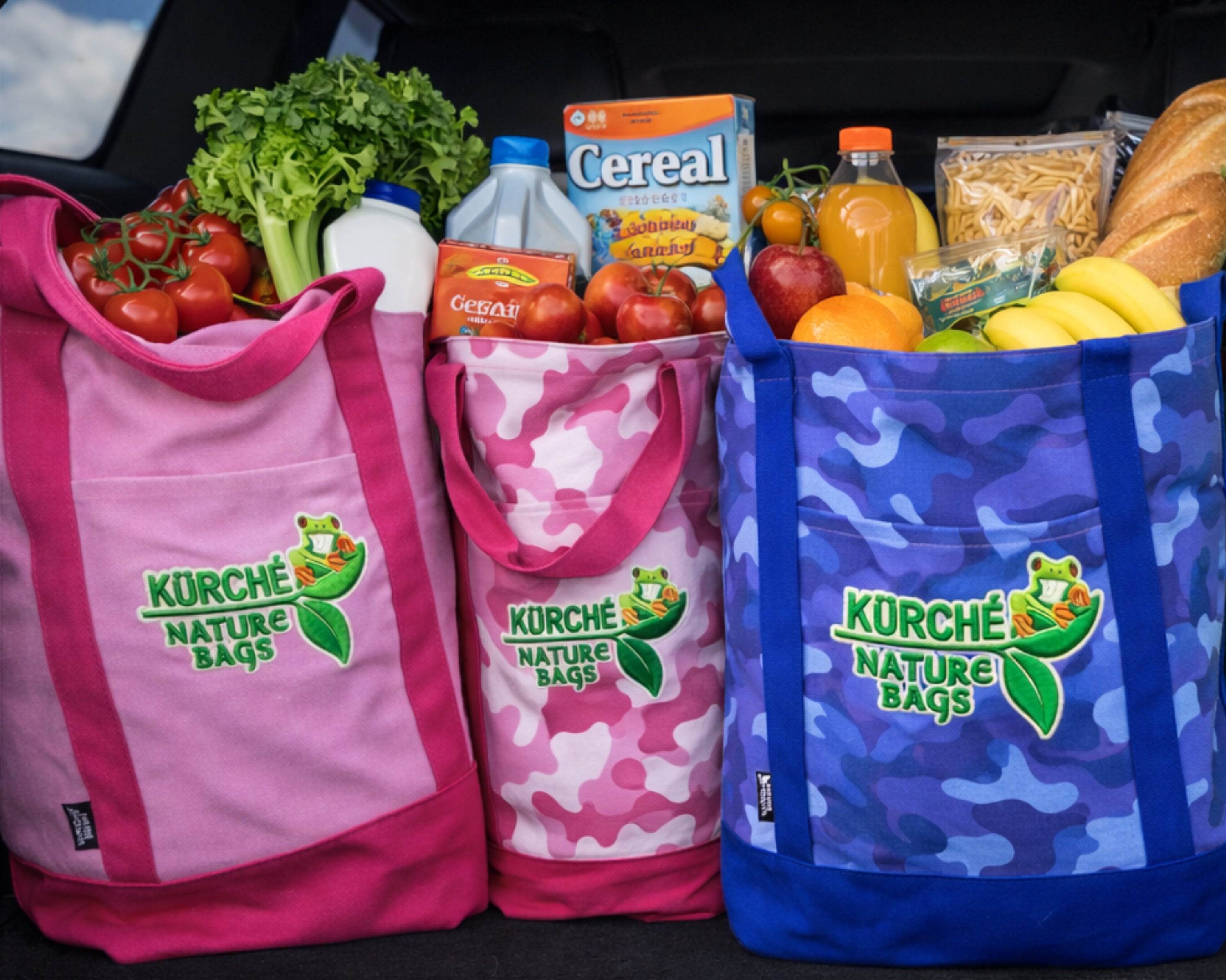 Kurche reusable grocery bags filled with fresh groceries in car trunk.