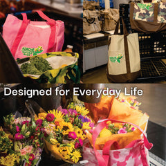 Kurche Nature Bags tote bags lifestyle collage featuring Flamingo Pink Camo bag in everyday use scenes