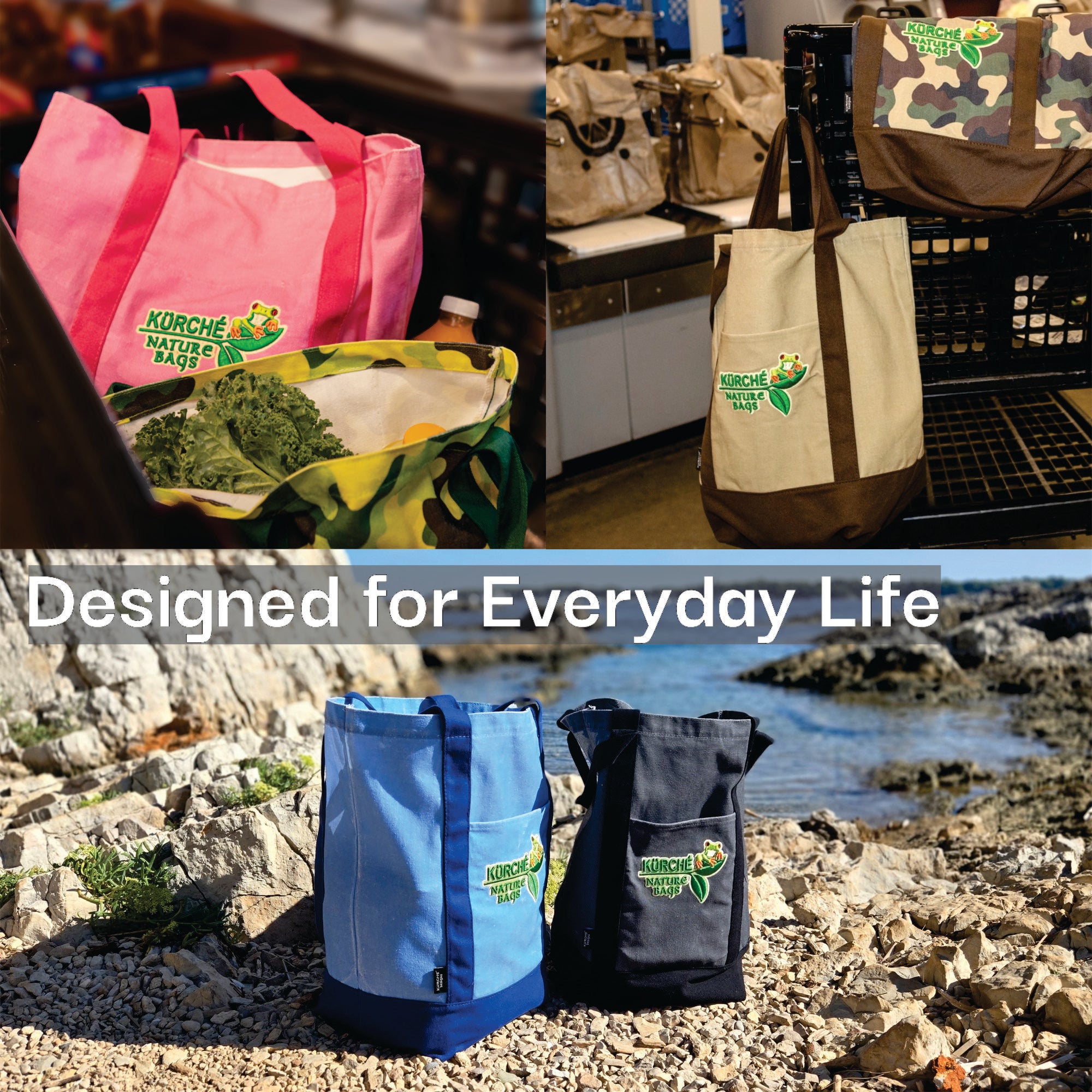 Kürché Nature Bags tote bag lifestyle collage showing reusable everyday use and reinforced stitching; Midnight Black featured