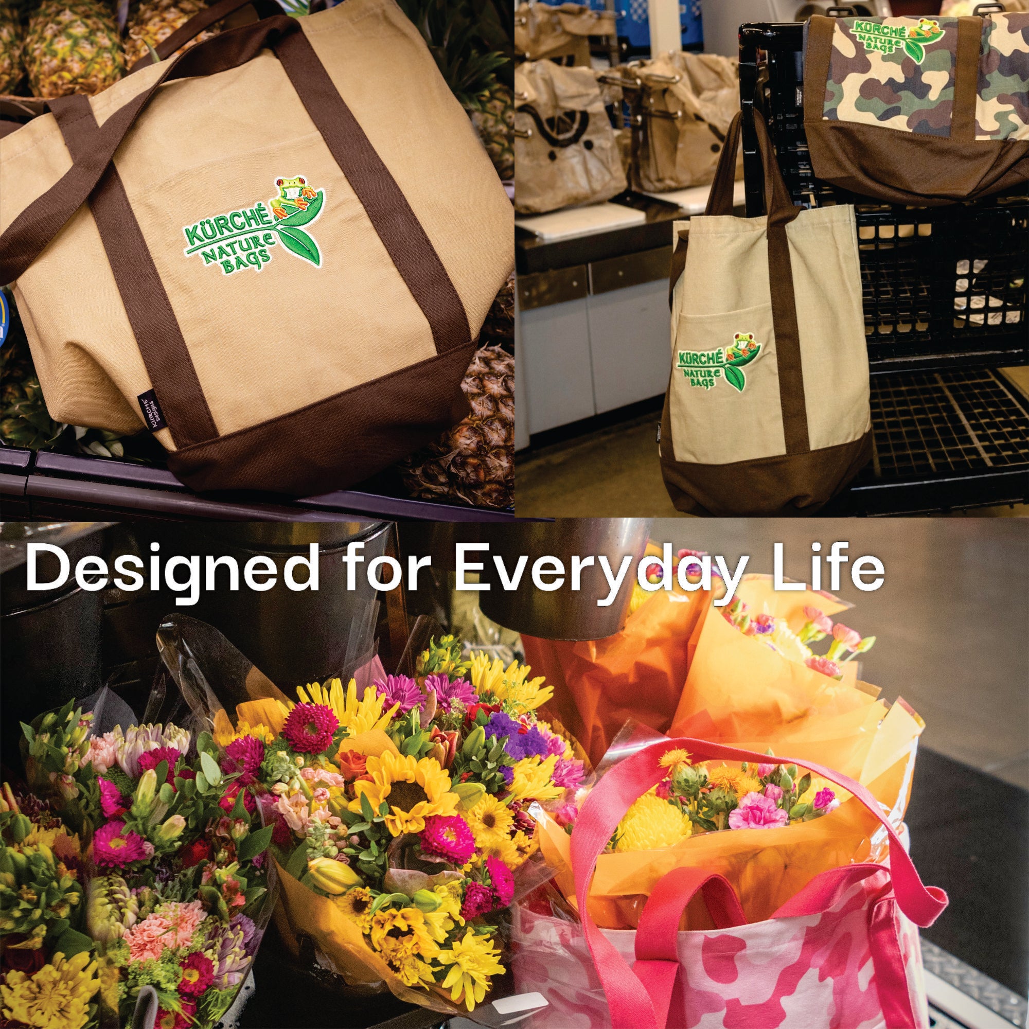 Lifestyle collage of Kurche Nature Bags showing Natural Linen tote used for groceries, errands, and everyday carry