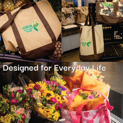 Lifestyle collage of Kurche Nature Bags showing Natural Linen tote used for groceries, errands, and everyday carry