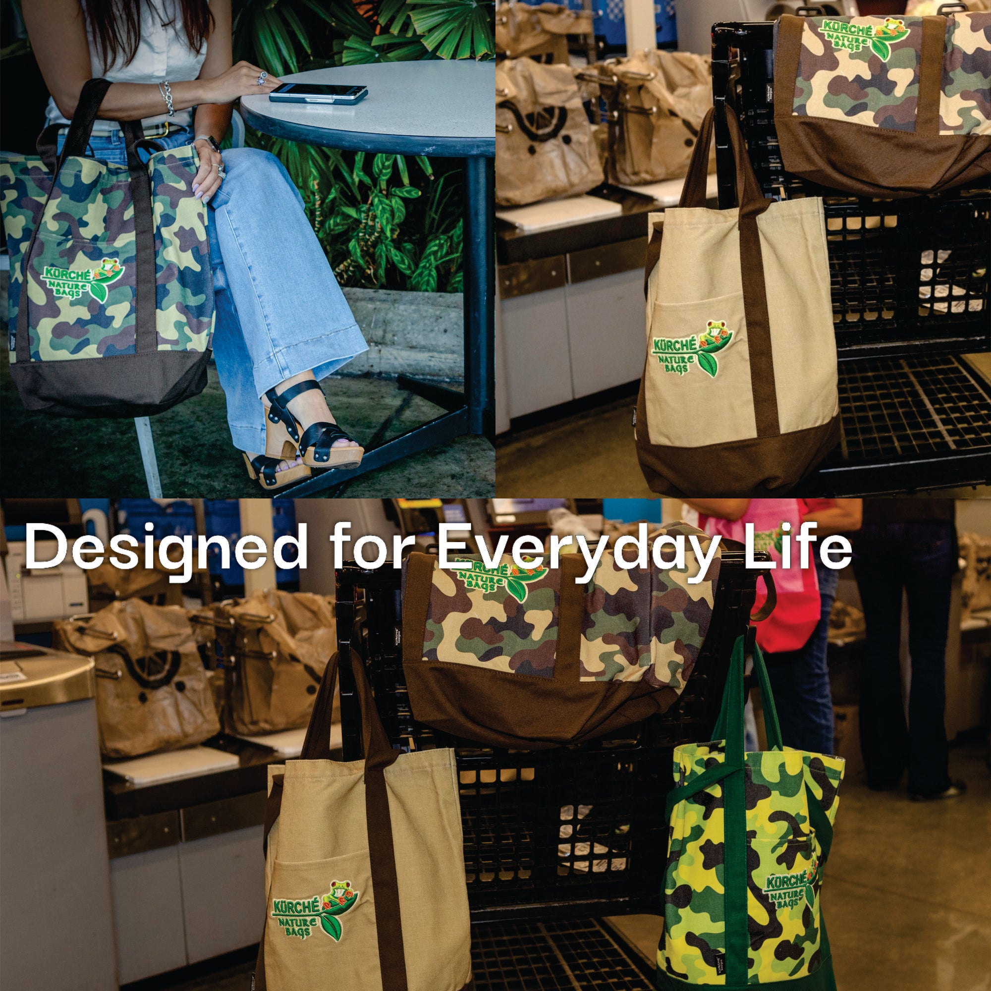 Olive Camo reusable tote bag lifestyle collage showing everyday carry and durable canvas construction