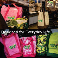 Lifestyle collage of Kurche Nature Bags reusable tote bags in everyday use, showing multiple colors and camo patterns with the text “Designed for Everyday Life.”