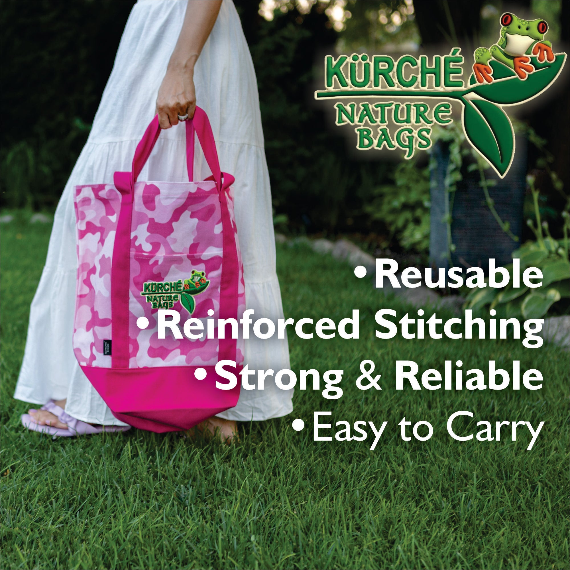Kurche Nature Bags Flamingo Pink Camo tote bag lifestyle image carrying flowers with “Pink Hues Sustainable Moves” text
